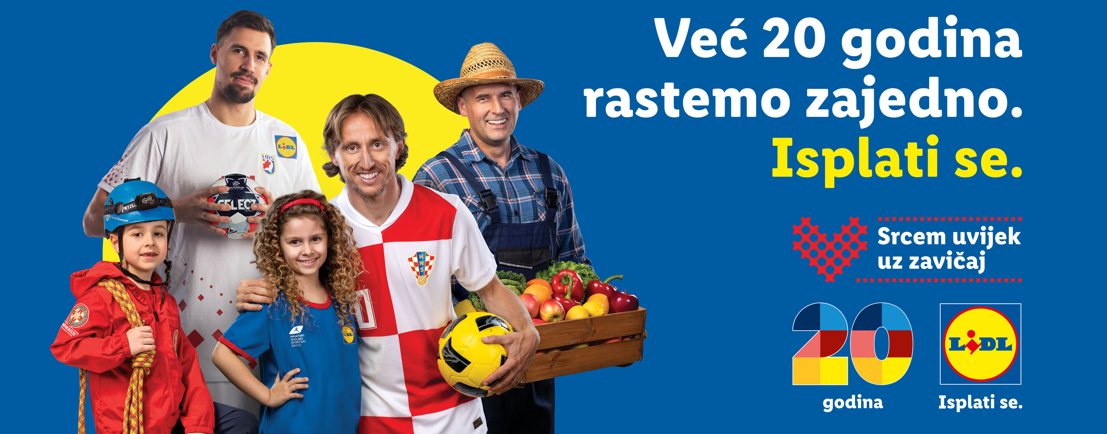Lidl slavi 20 godina rasta s kupcima, prikazujući nogometaše, djecu i poljoprivrednika s proizvodima.