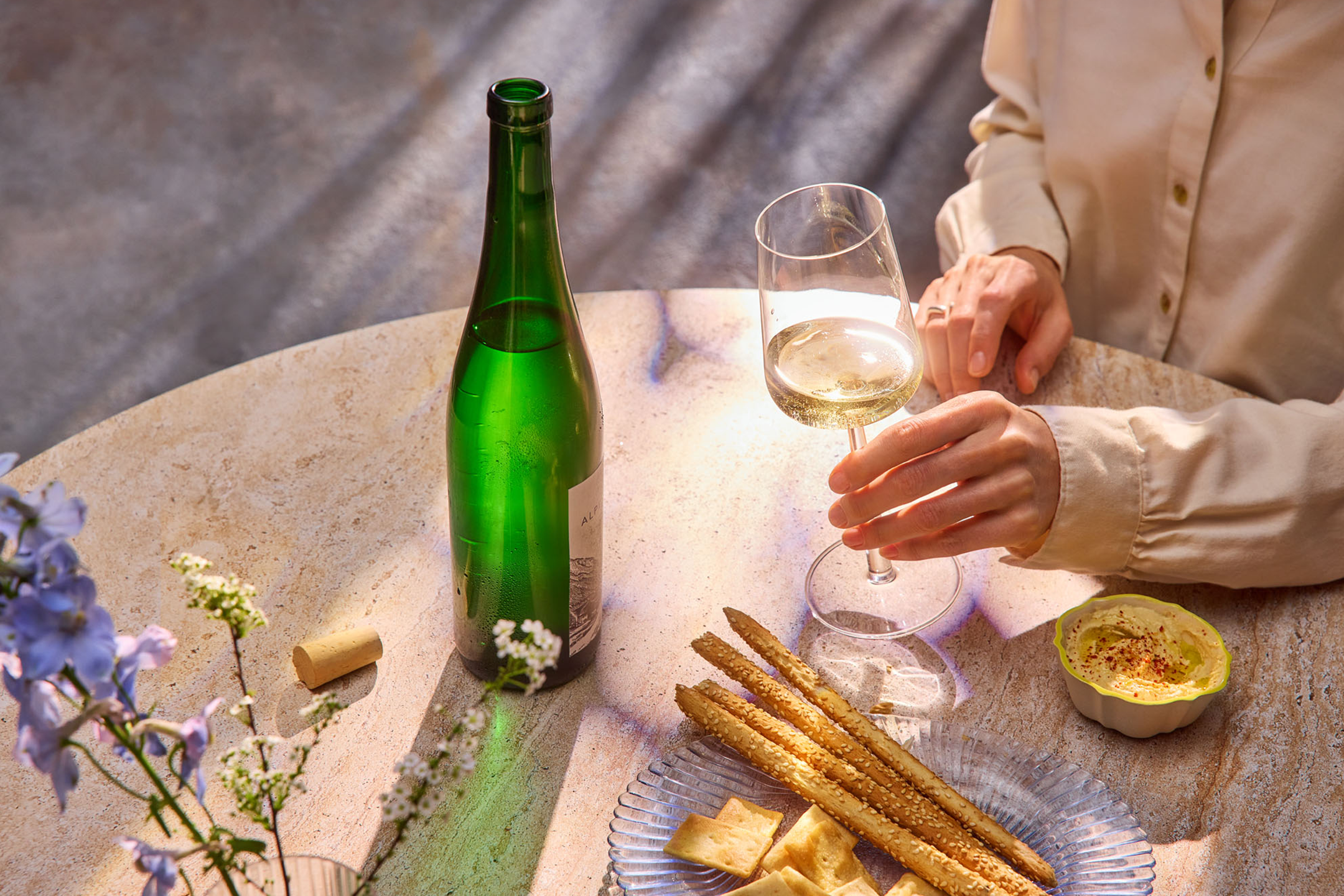 Bijelo vino, grissini i humus.
