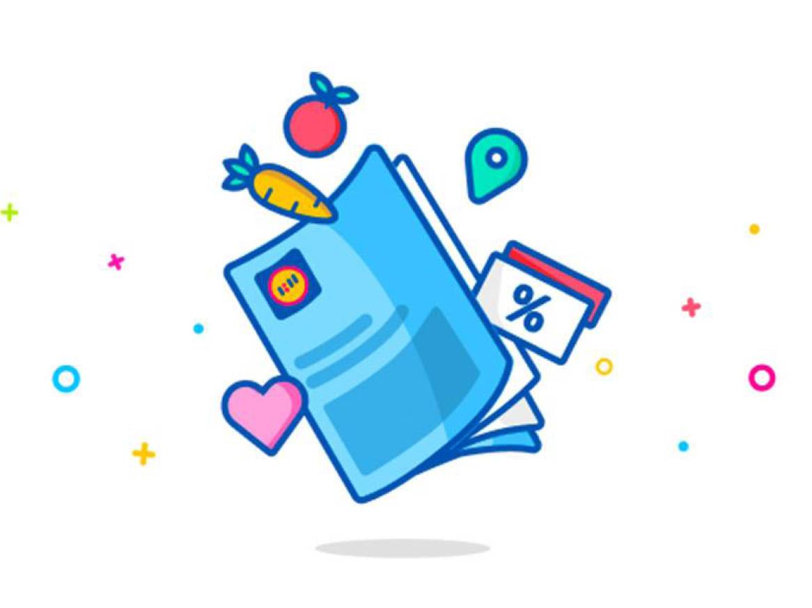 Plava knjižica s mrkvom, rajčicom, srcem, postotkom i lokacijom, okružena šarenim oblicima.