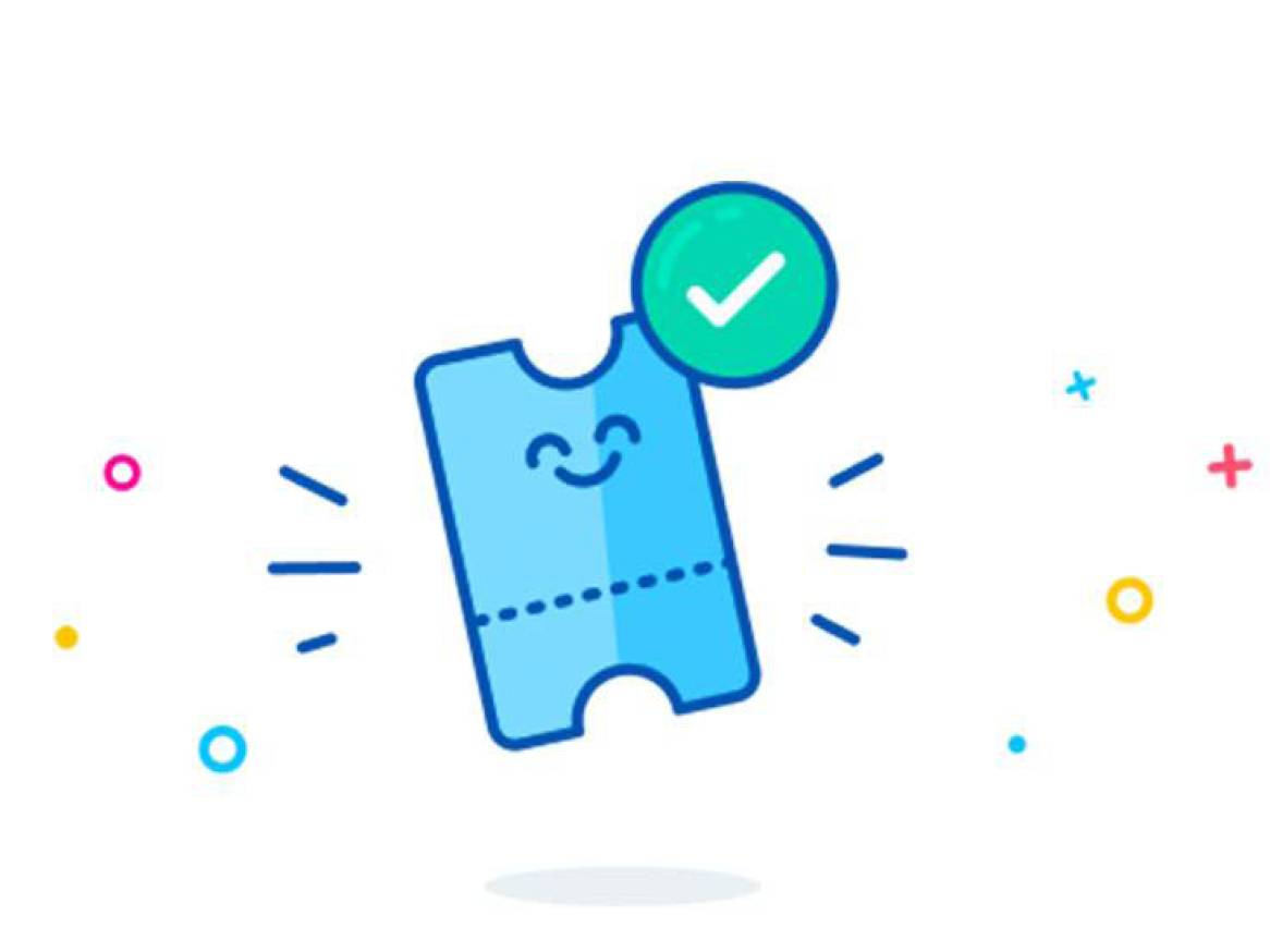 Ilustracija plave ulaznice sa sretnim licem i zelenom kvačicom, okružena konfetima.