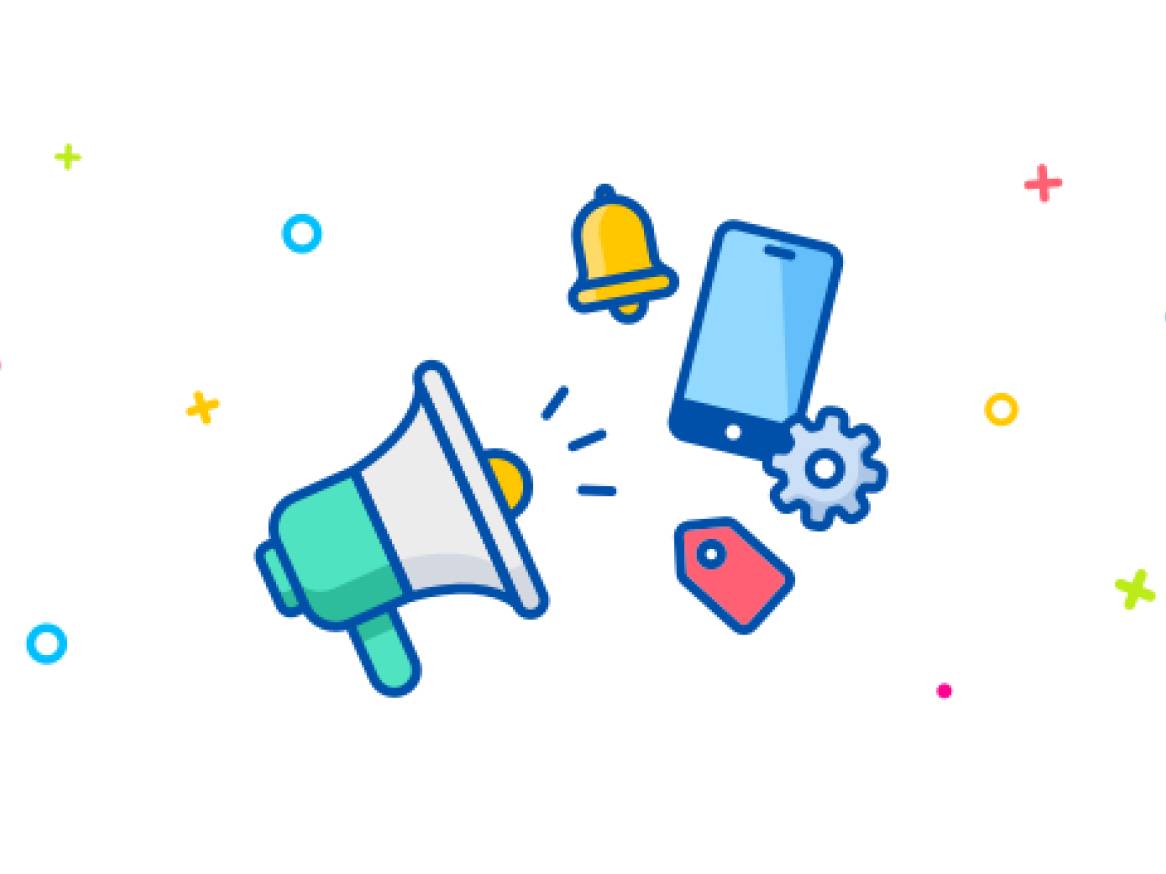 Megafon, zvono, pametni telefon, zupčanik i oznaka cijene na bijeloj pozadini.