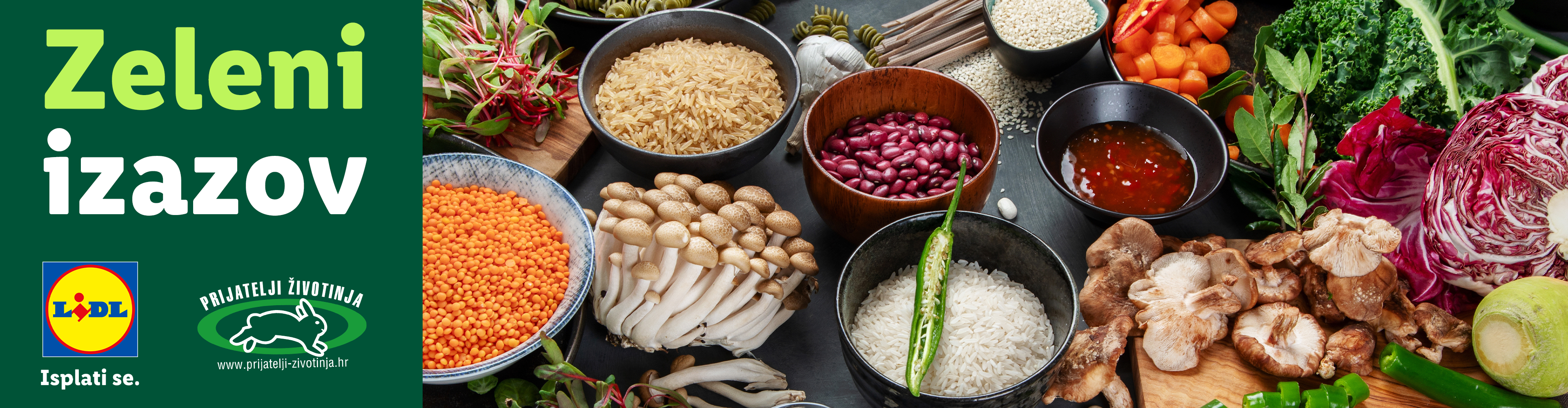 Raznovrsna zdrava hrana uključujući leću, rižu, gljive i grah, s natpisom 'Zeleni izazov' i logom Lidla.