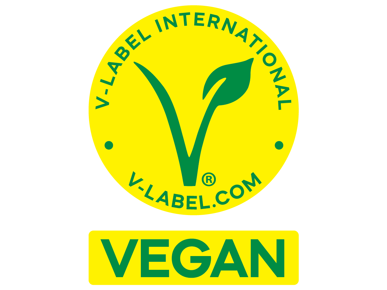 V-Label International veganski certifikat s logotipom V-Label.com i tekstom VEGAN.