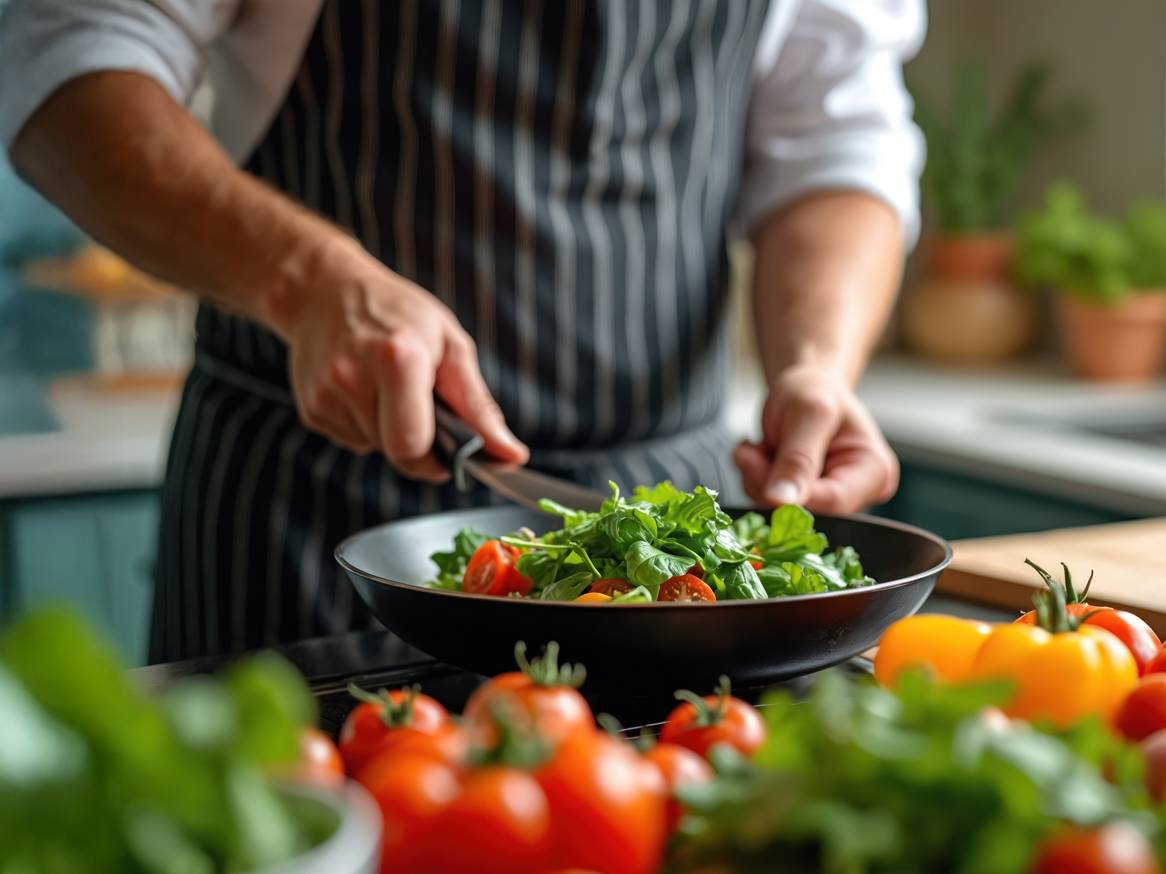 Kuhar priprema salatu od rajčica i rikole u tavi.