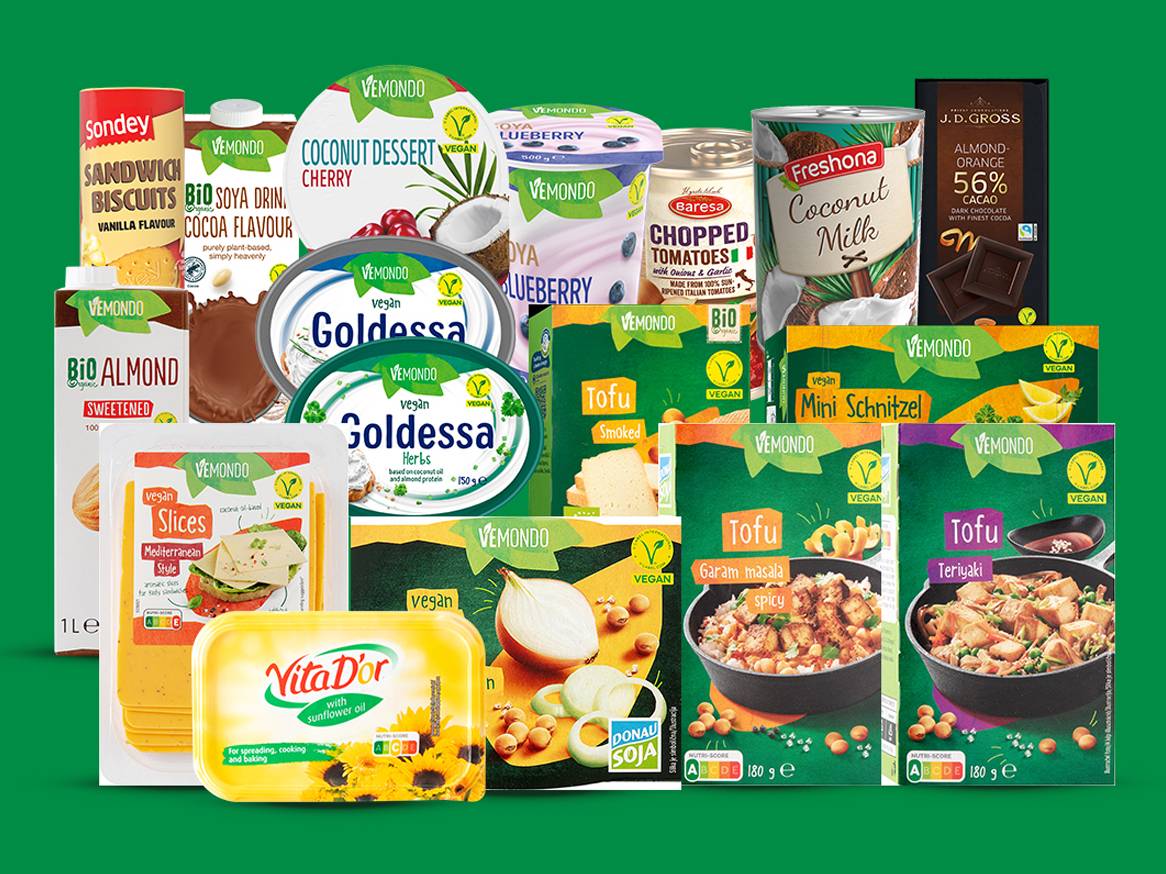 Asortiman veganskih proizvoda Vemondo, uključujući tofu, biljne namaze i deserte.