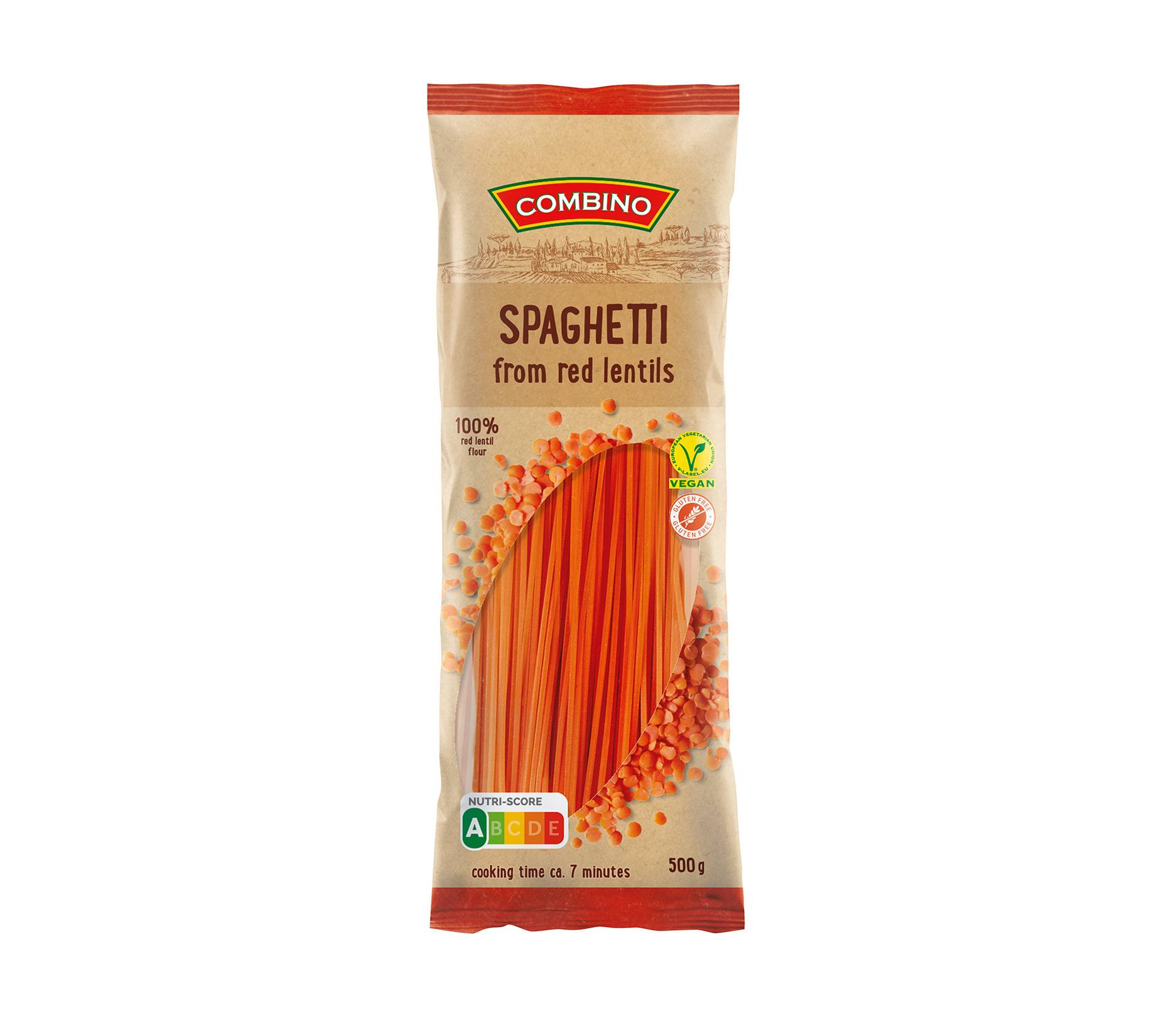 Combino špageti od crvene leće, 100% brašno crvene leće, veganski i bez glutena, 500g.
