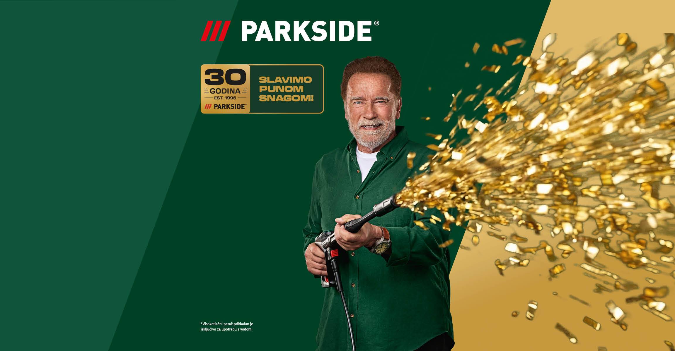 Arnold Schwarzenegger slavi 30 godina Parksidea, ispaljujući zlatne konfete iz visokotlačnog perača.