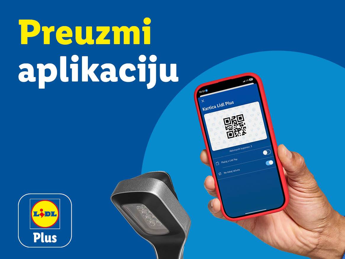 Plavi plakat s tekstom 'Preuzmi aplikaciju' i telefonom koji prikazuje QR kod za karticu vjernosti.