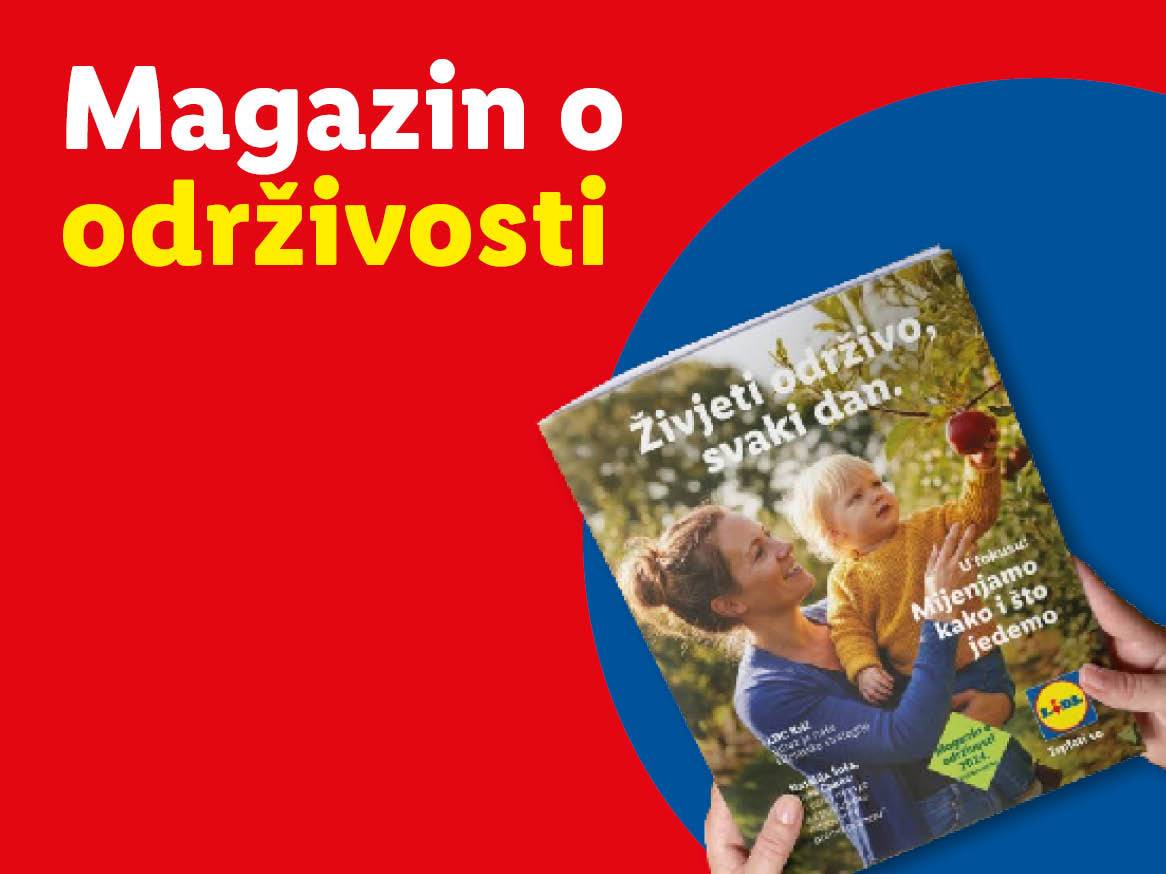 Naslovnica časopisa o održivosti s majkom i djetetom koje poseže za jabukom.