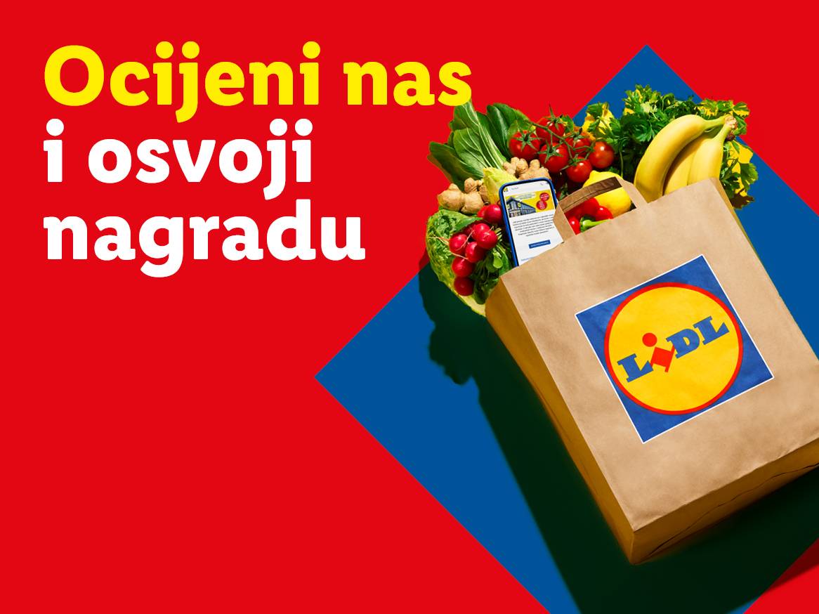 Lidl papirnata vrećica puna svježeg voća i povrća, s natpisom 'Ocijeni nas i osvoji nagradu'.