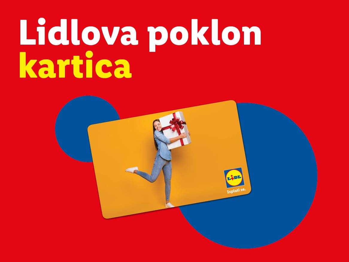 Lidlova poklon kartica s nasmijanom ženom koja drži poklon kutiju.
