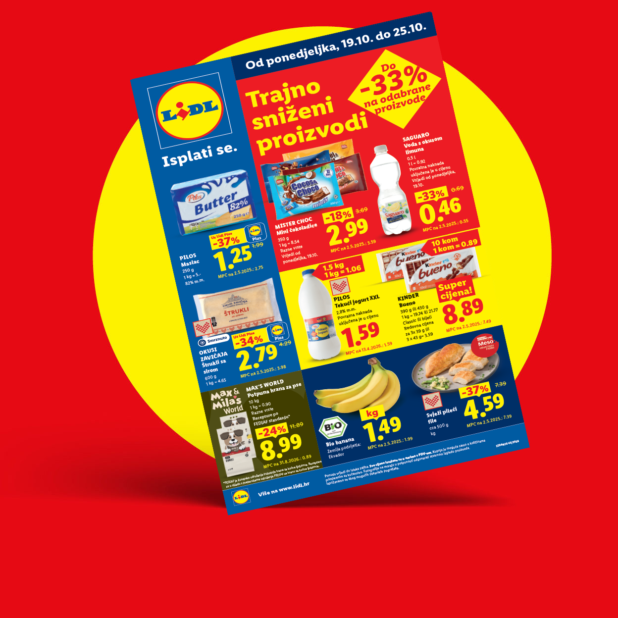 Lidl letak s trajno sniženim prehrambenim proizvodima poput maslaca, banana i piletine.