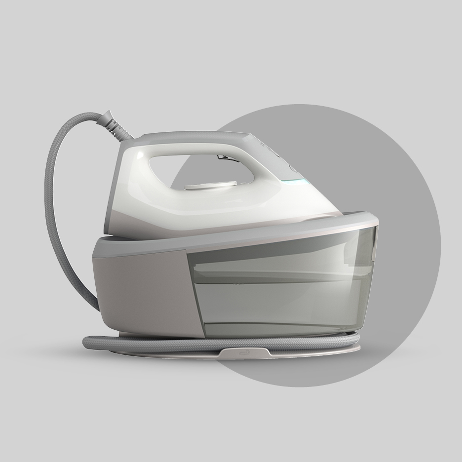 Sustav za glačanje s parnom postajom u bijeloj i sivoj boji.