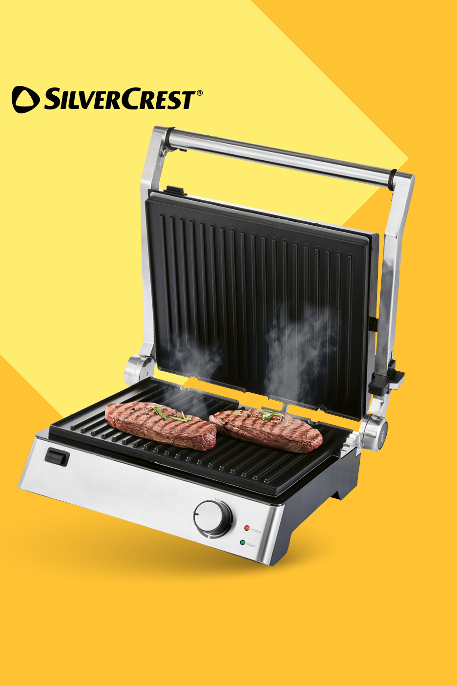 Otvoreni električni roštilj s dva odreska na rešetki, ispušta paru, na žutoj pozadini.