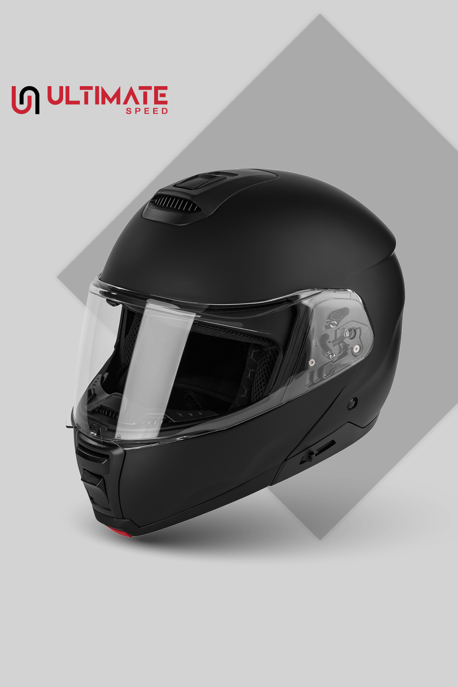 Crna modularna motociklistička kaciga s prozirnim vizirom i ventilacijskim otvorima.