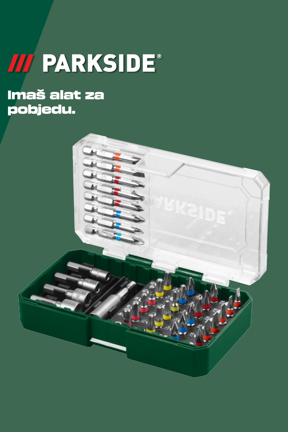 Set bitova i nasadnih ključeva u zelenoj kutiji s natpisom 'Imaš alat za pobjedu'.