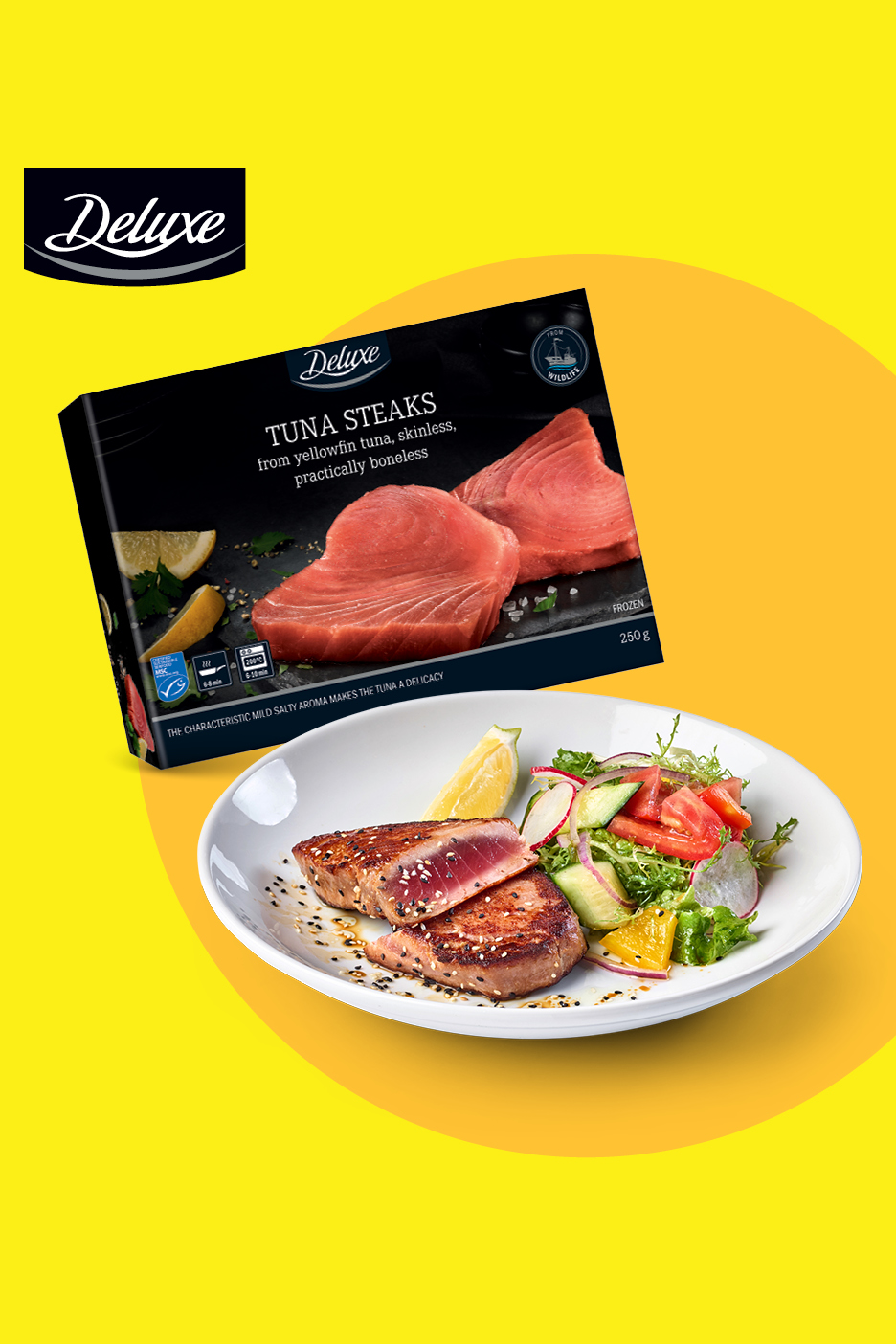 Pakiranje odrezaka tune i tanjur s pečenom tunom i salatom.