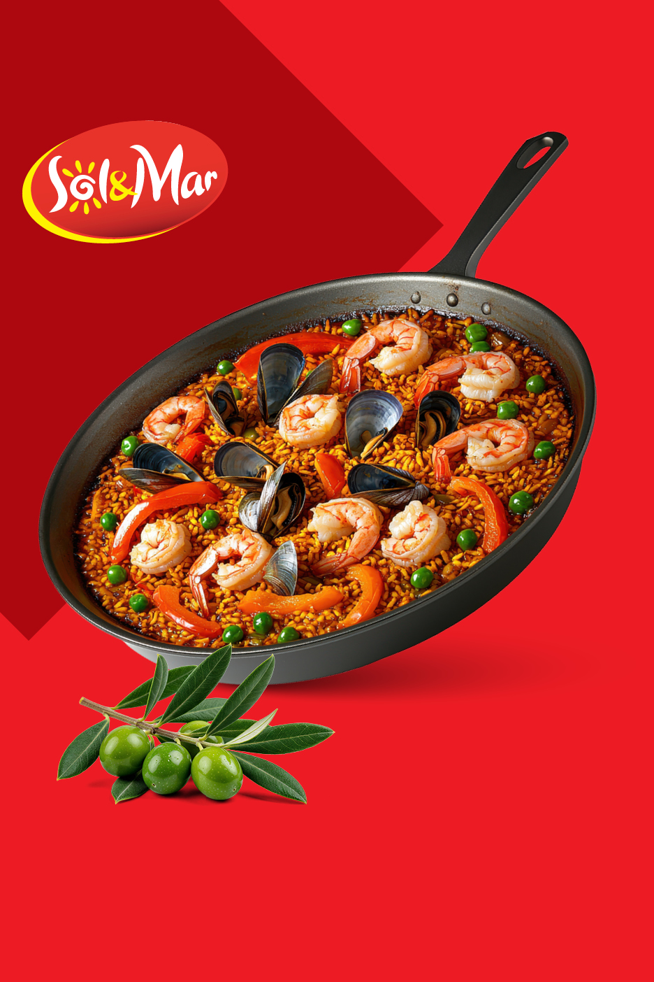 Paella s morskim plodovima u tavi, s maslinovom grančicom na crvenoj pozadini.