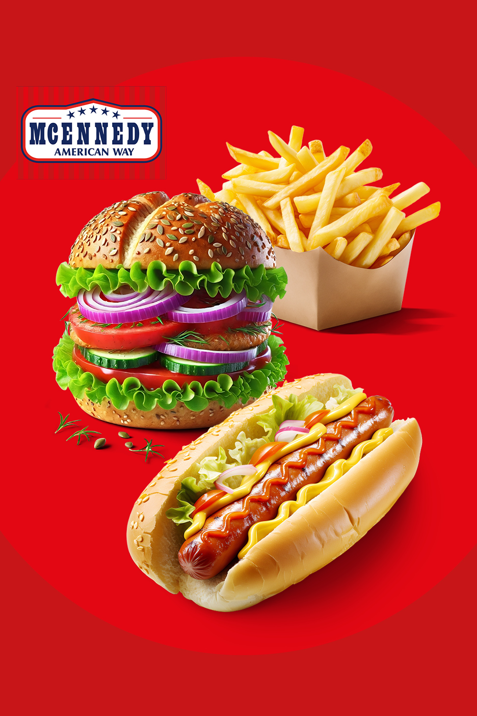 Hamburger, pomfrit i hot dog na crvenoj pozadini s logotipom 'MCENNEDY AMERICAN WAY'.