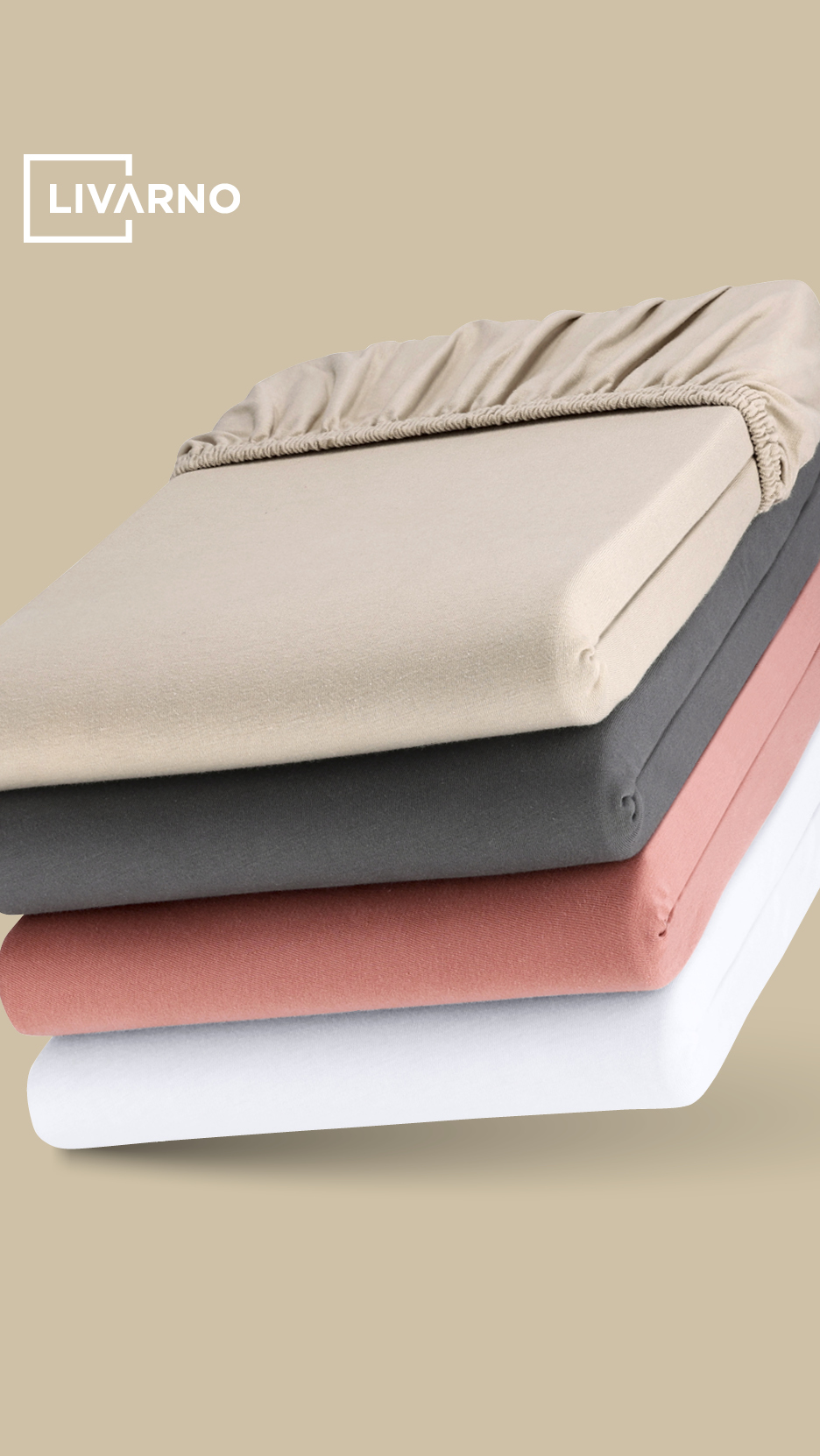Složene plahte u bež, tamnosivoj, ružičastoj i bijeloj boji.