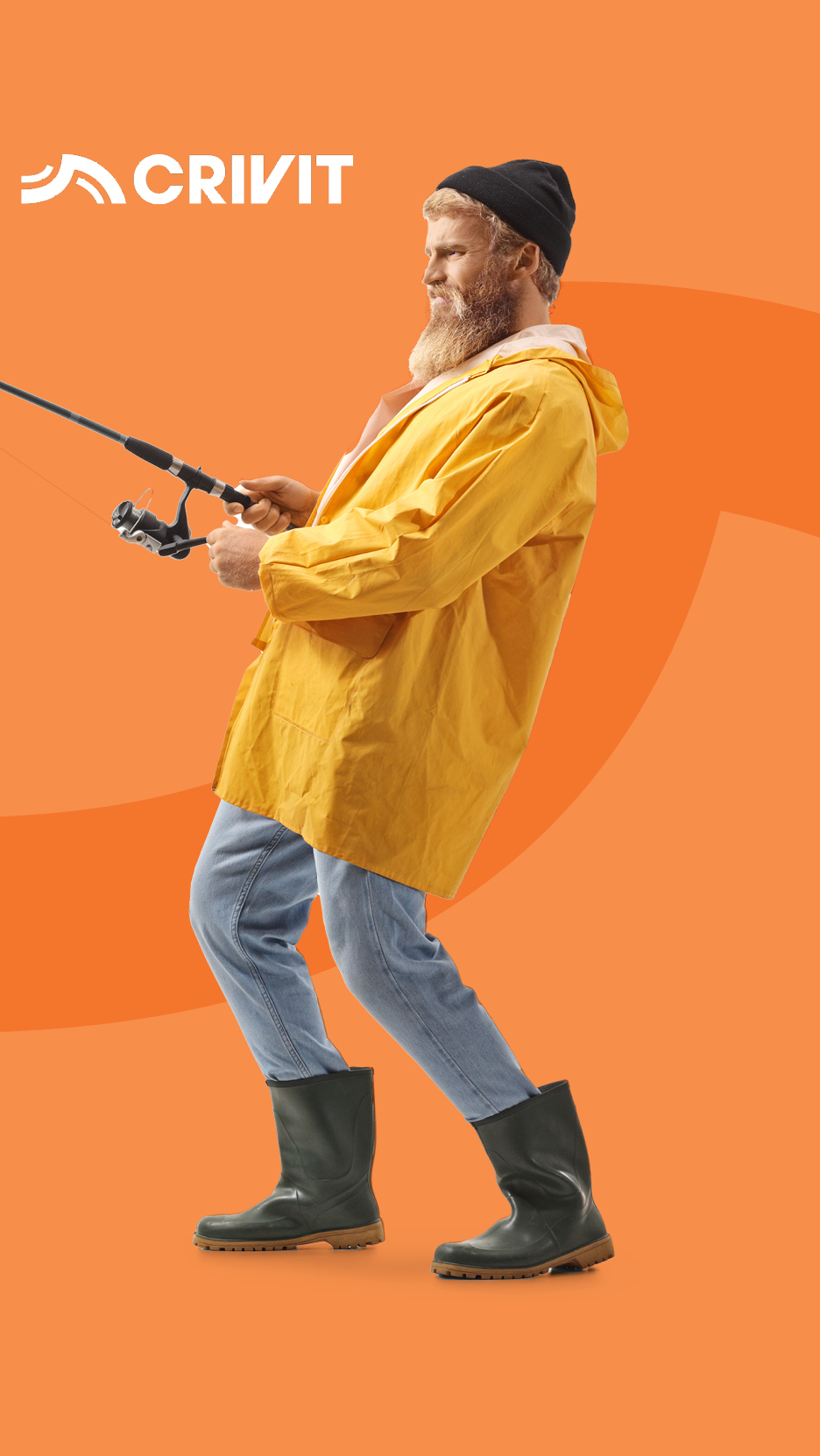 Muškarac u žutoj kabanici i gumenim čizmama peca, držeći štap za pecanje.