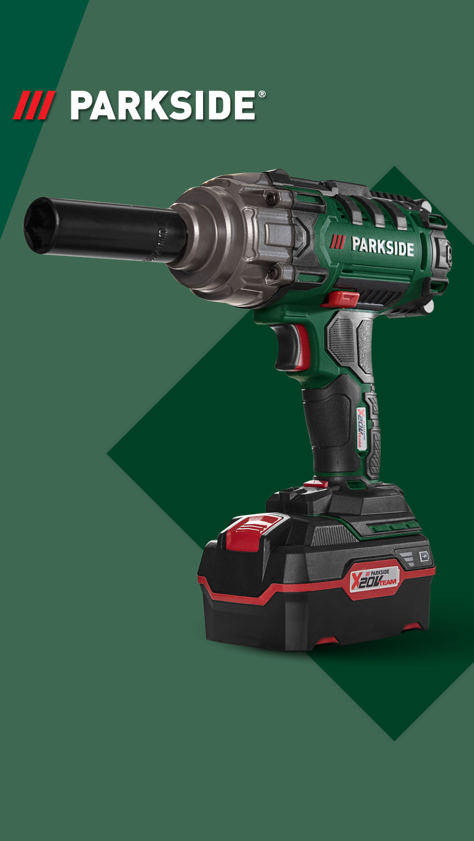 Akumulatorski udarni odvijač s baterijom na tamnozelenoj pozadini s geometrijskim oblicima.