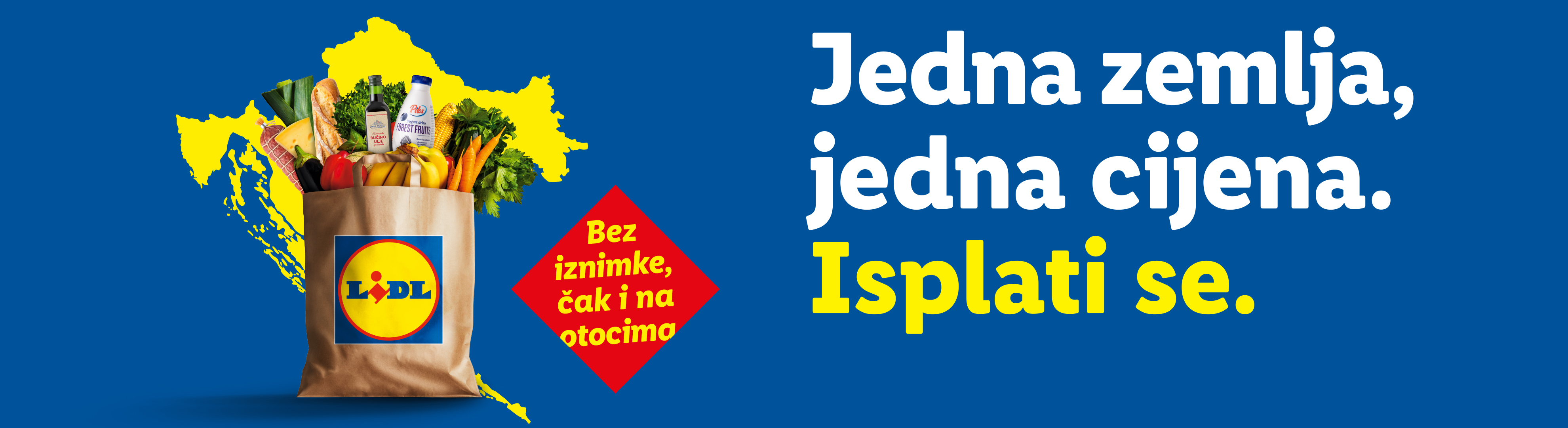 Lidl papirnata vrećica puna namirnica na karti Hrvatske, s tekstom 'Jedna zemlja, jedna cijena. Isplati se.'