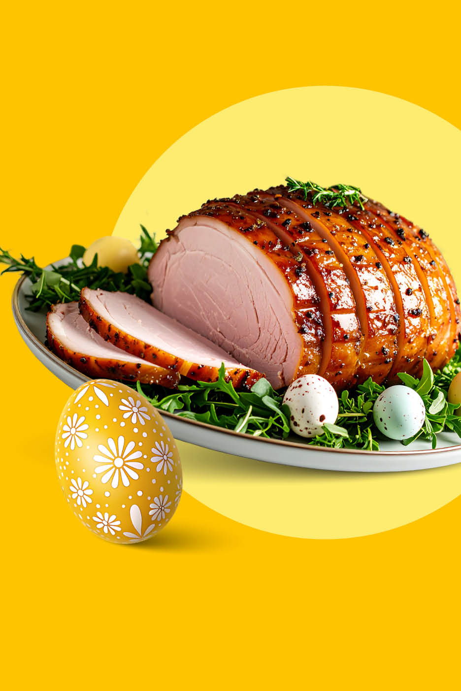 Pečena šunka s glazurom, narezana i poslužena na pladnju s ukrasnim jajima i zelenilom.