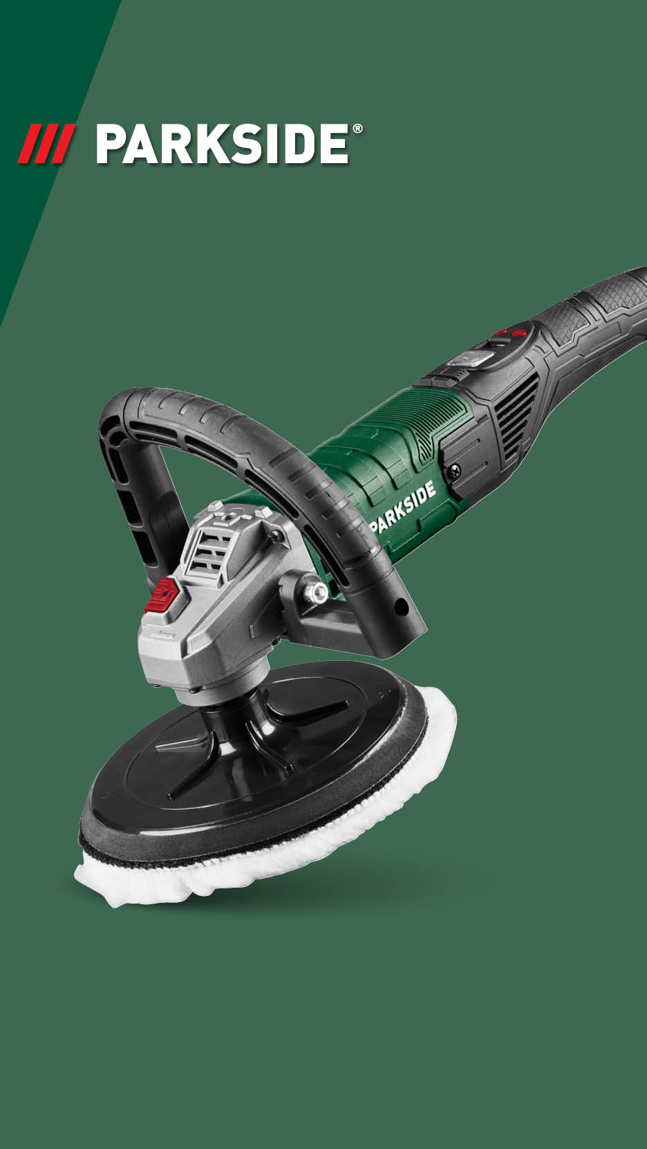 Polirka za automobil s bijelom podlogom za poliranje na tamnozelenoj pozadini.