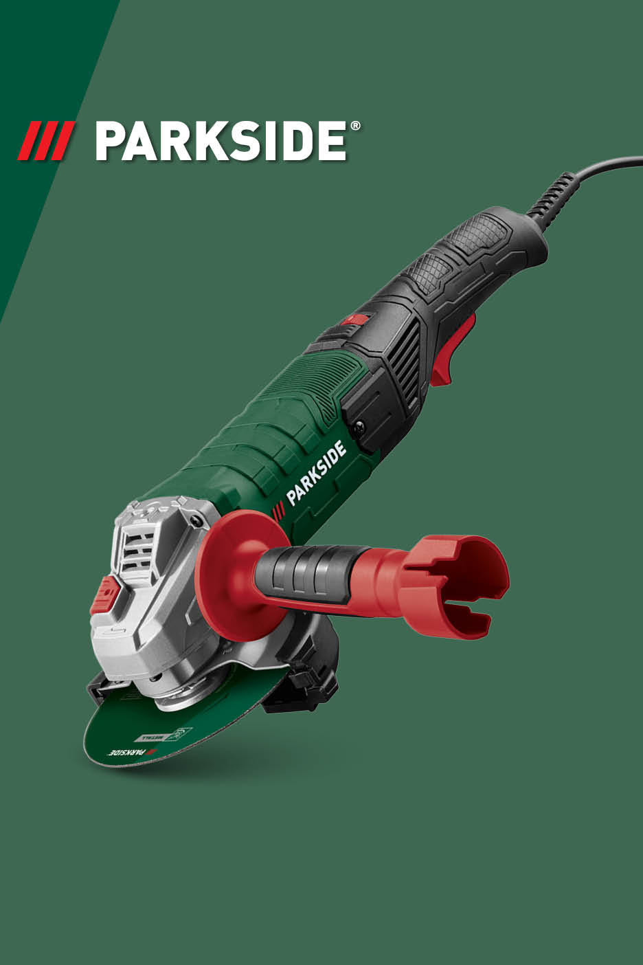 Kutna brusilica sa zelenim kućištem i crvenom ručkom na tamnozelenoj pozadini.