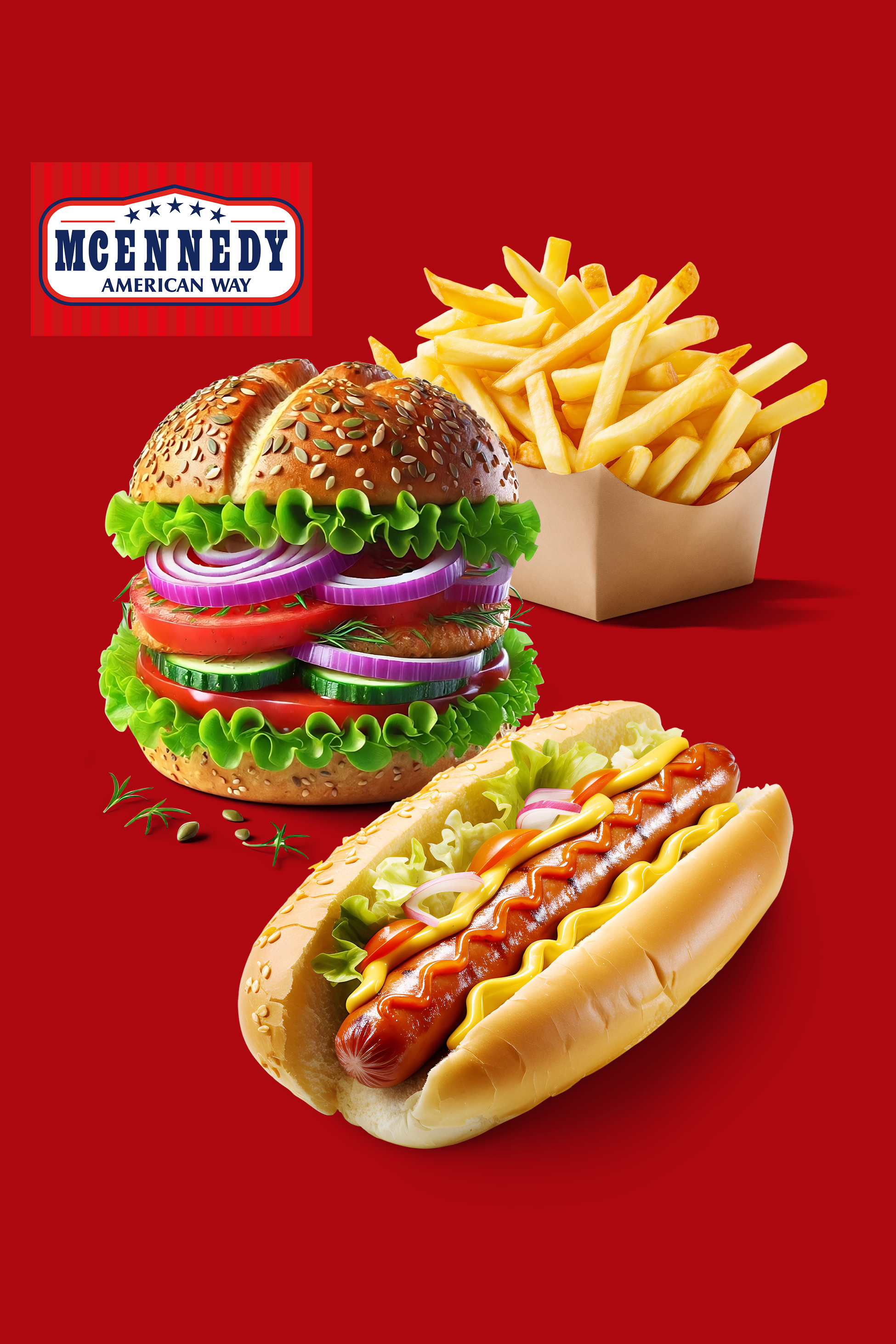 Hamburger, pomfrit i hot dog na crvenoj pozadini s natpisom 'MCENNEDY AMERICAN WAY'.