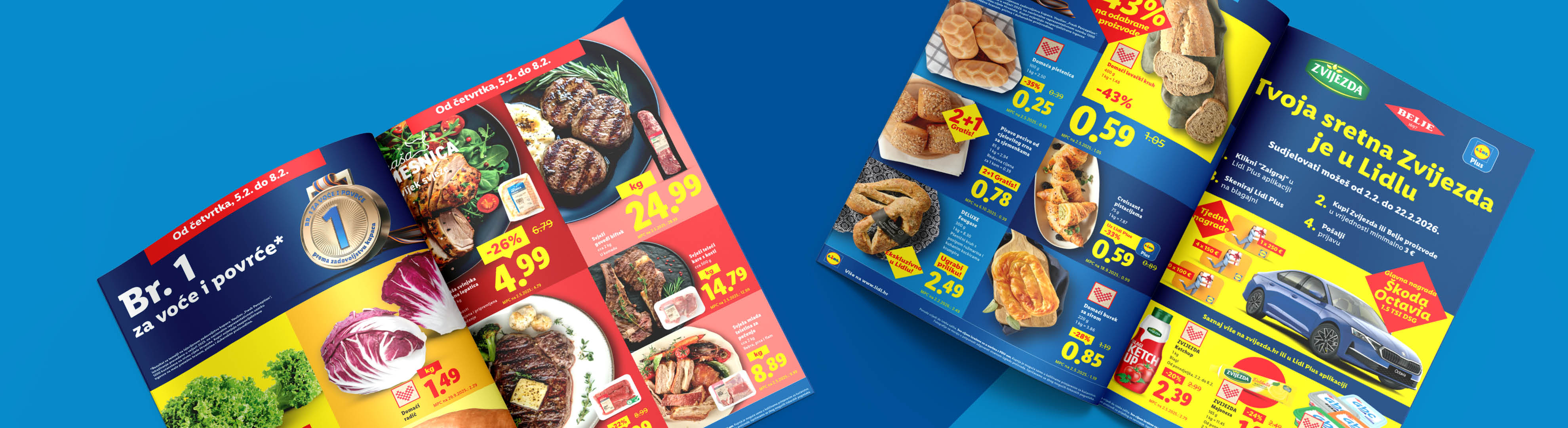 Lidl katalog s ponudom mesa, voća, povrća, pekarskih proizvoda i nagradnom igrom.
