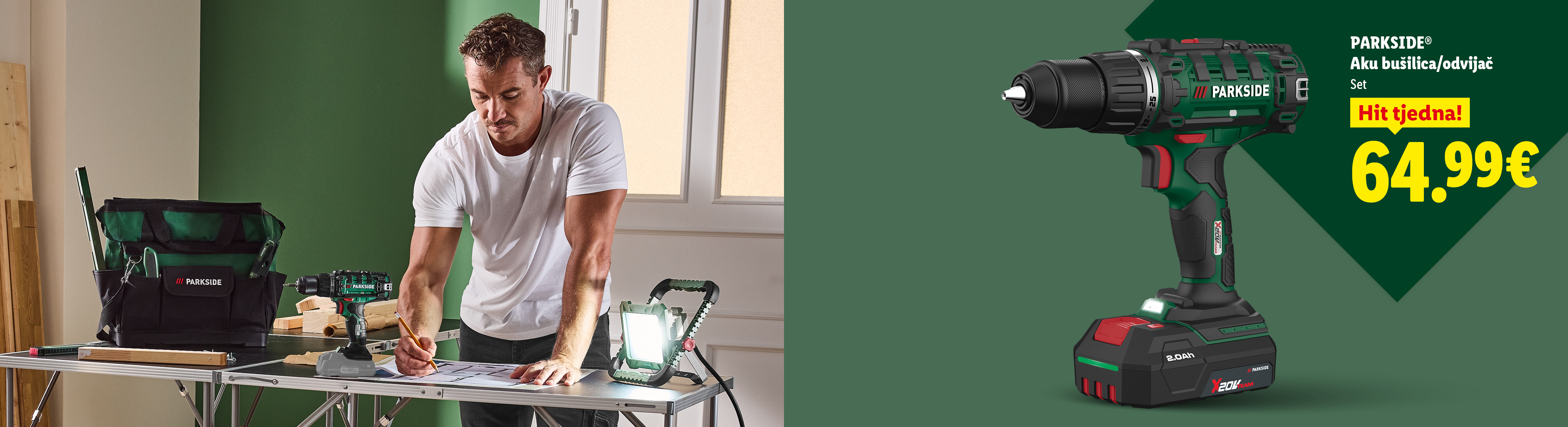 Muškarac radi s alatom, bežična bušilica/odvijač, set, tjedni hit za 64,99 €.