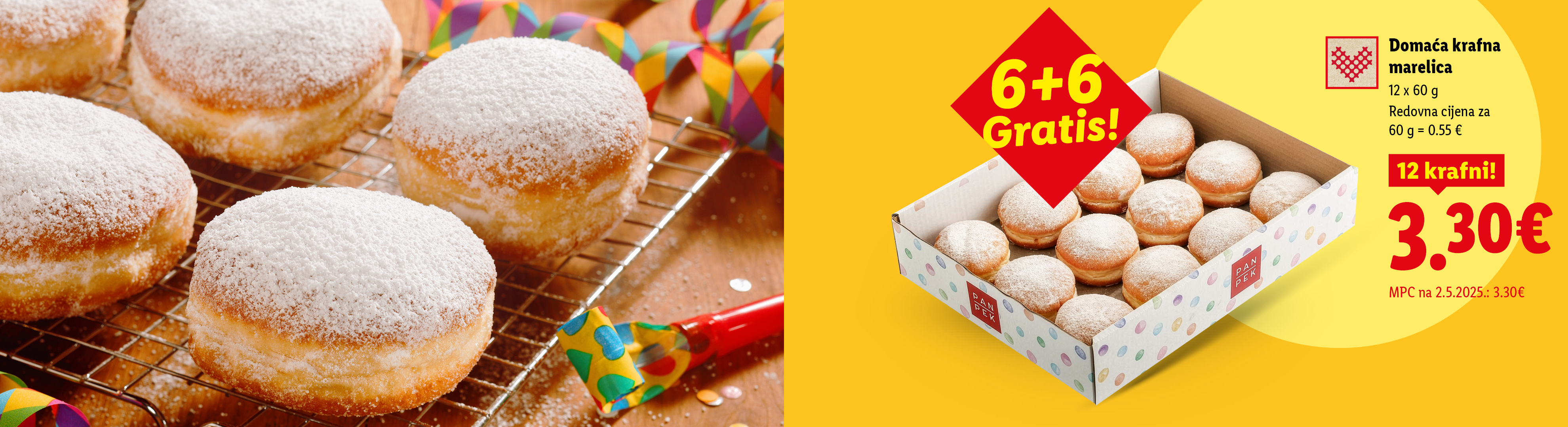 Krafne s marelicom posute šećerom u prahu, 6+6 gratis, 12 krafni za 3.30€.