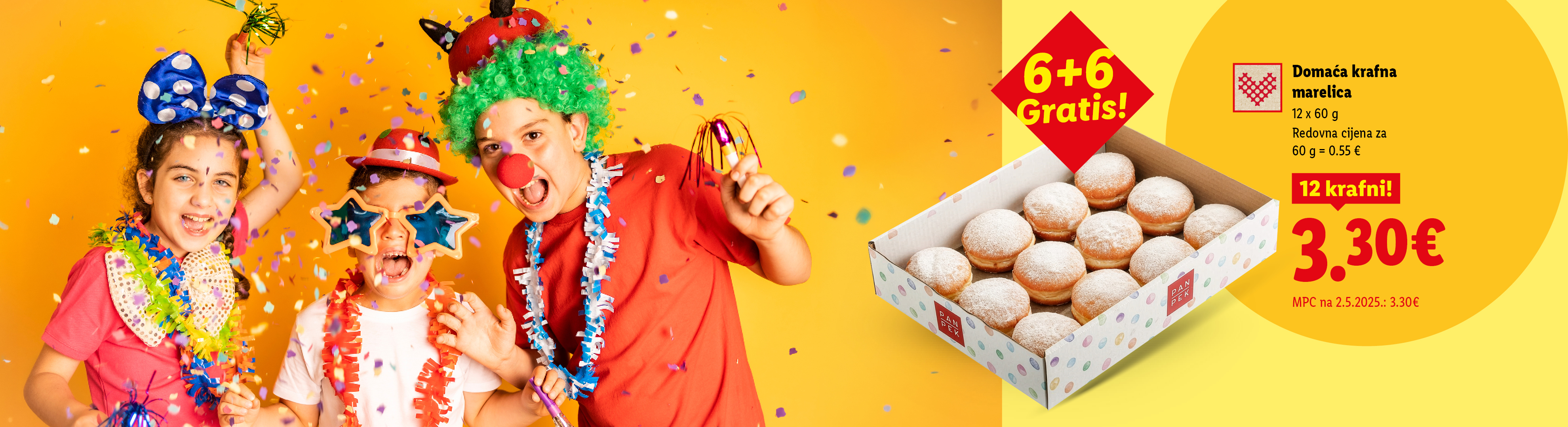 Djeca u karnevalskim kostimima i kutija krafni s marelicom, 6+6 gratis, 12 krafni za 3,30 €.