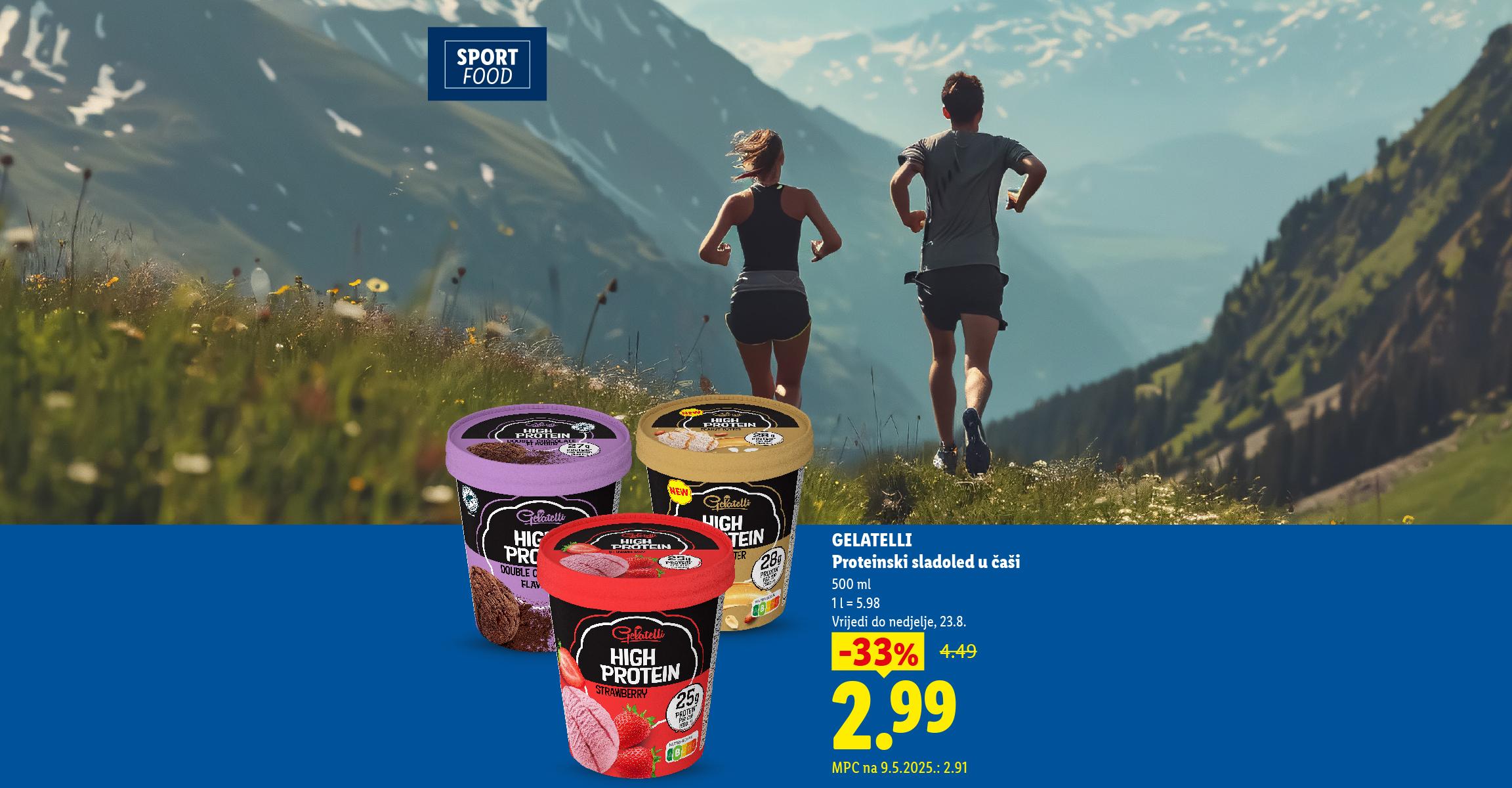 Protein ice cream cups in various flavors, with a discount, against a mountain running backdrop.