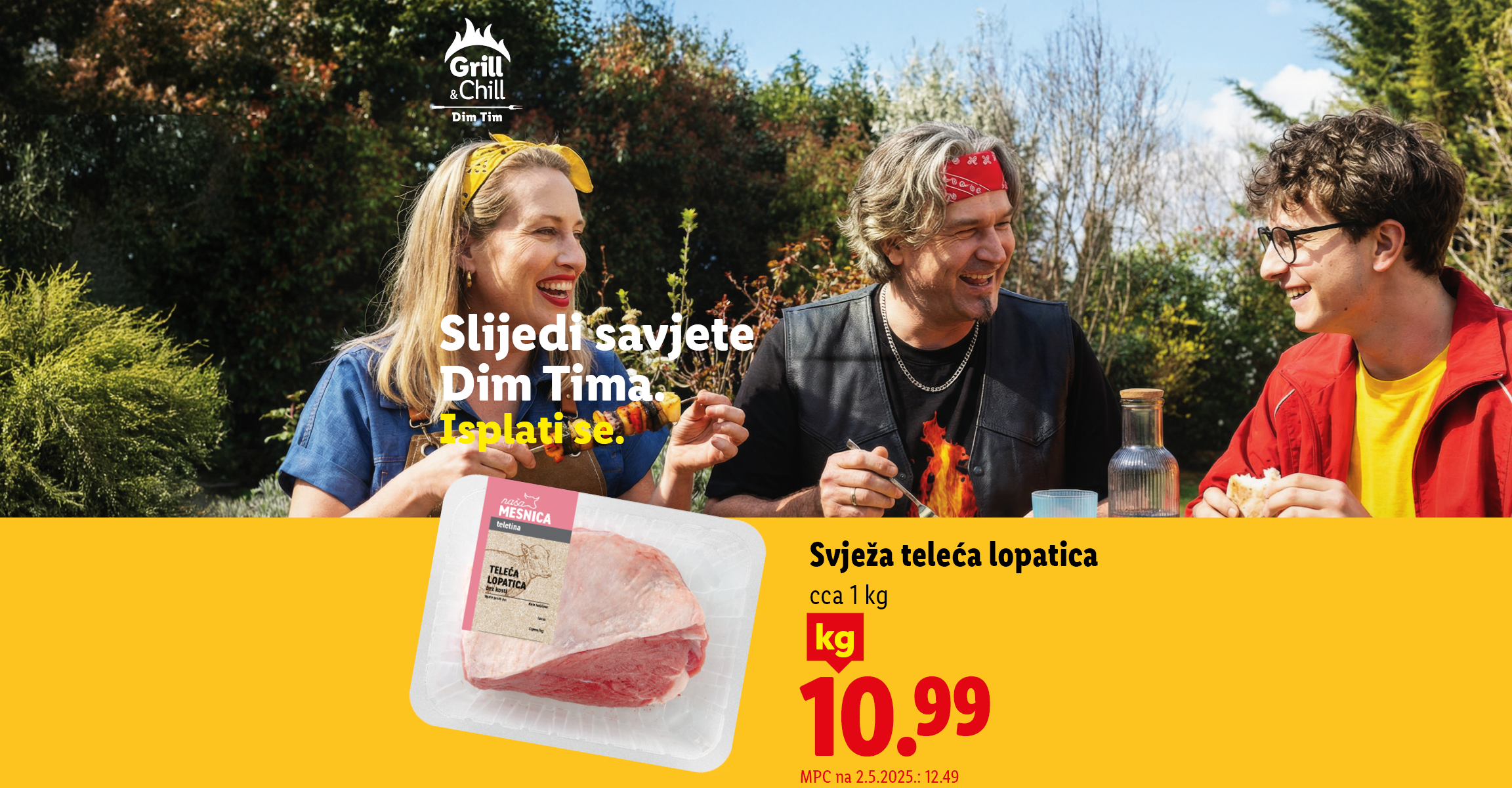 Obitelj uživa u roštilju na otvorenom, s pakiranjem svježe teleće lopatice i cijenom od 10,99.