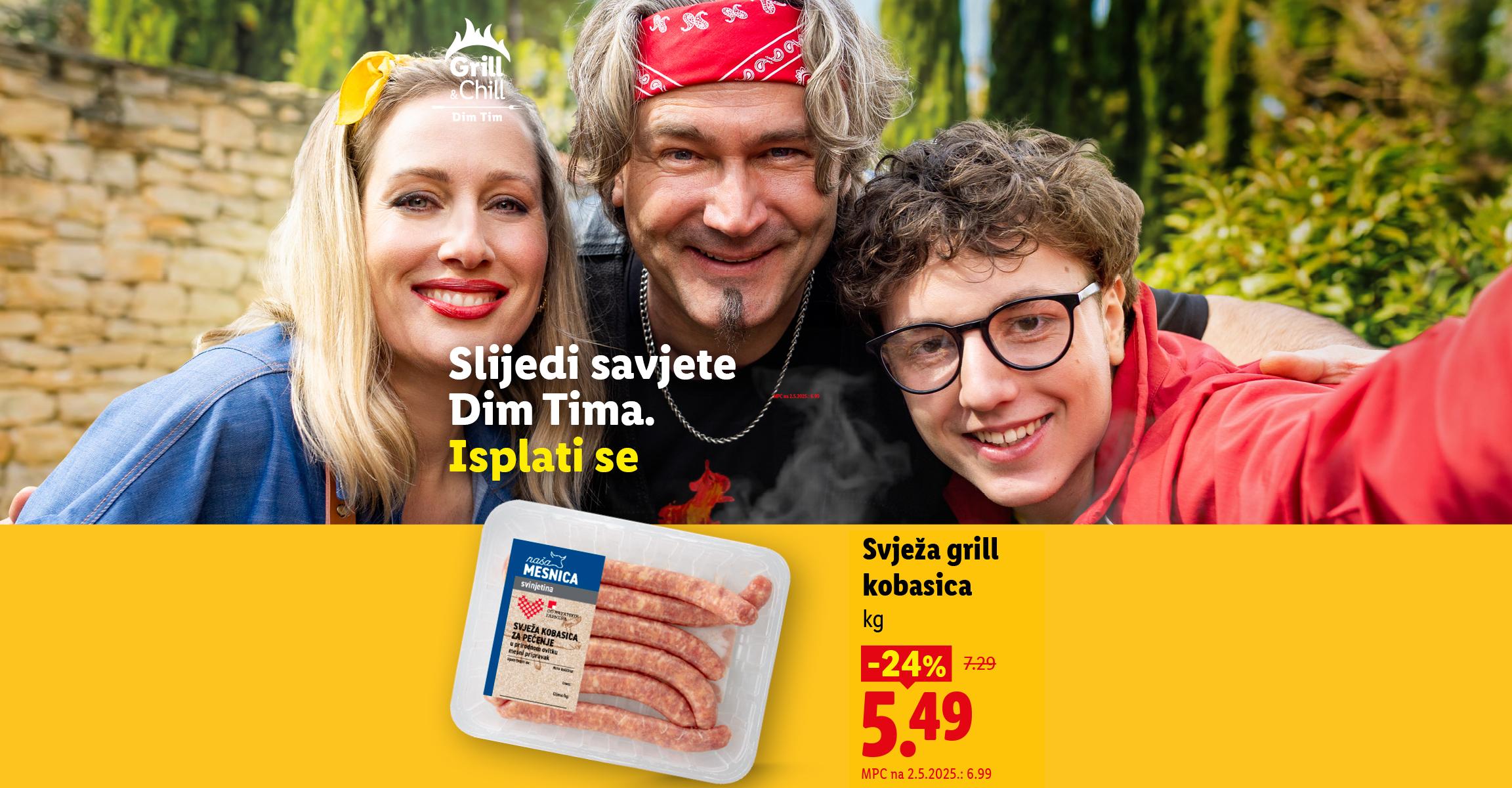 Obitelj roštilja, s naglaskom na svježe kobasice za pečenje, snižene 24% na 5,49.