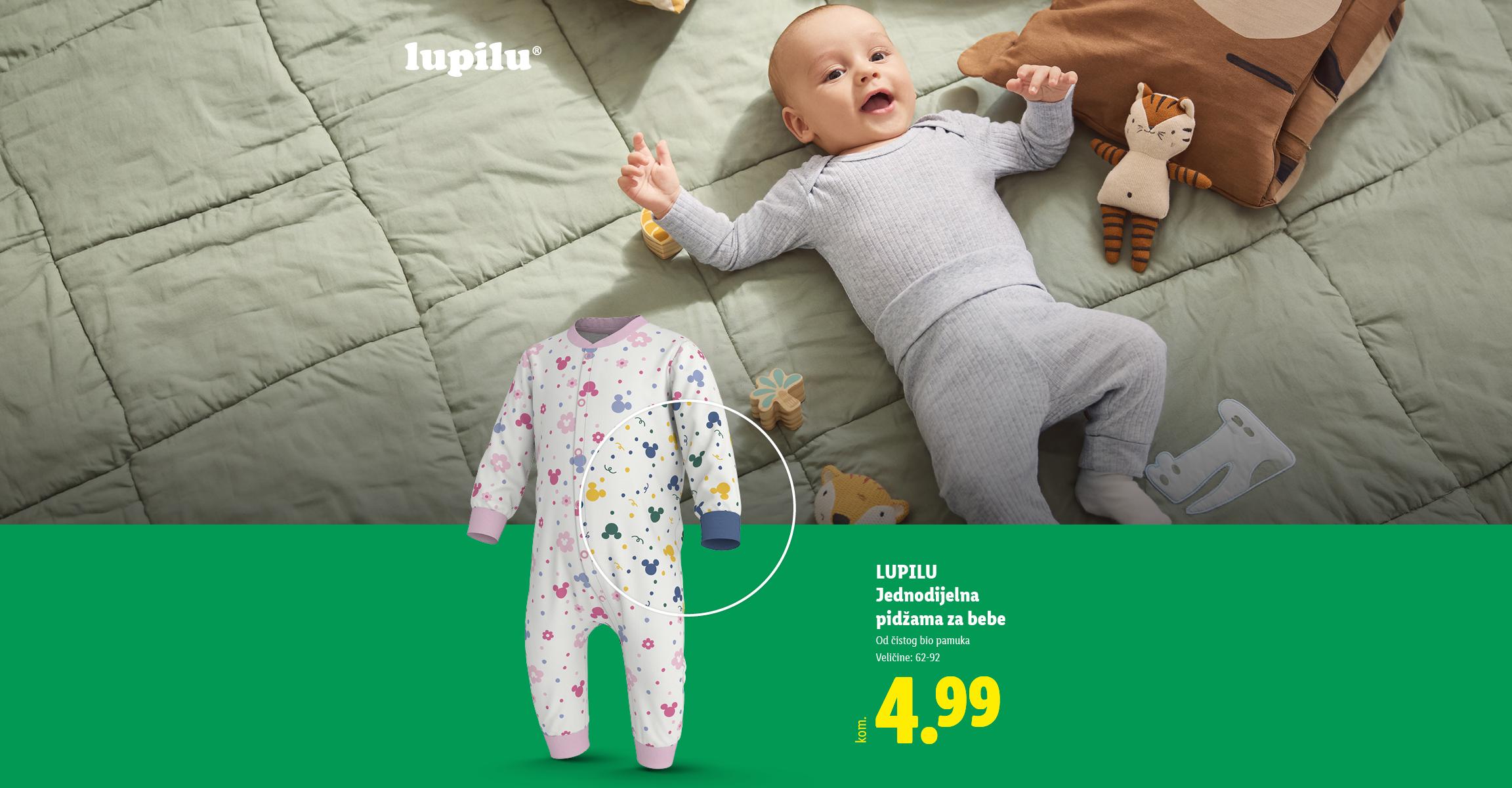 Jednodijelna pidžama za bebe od čistog bio pamuka po cijeni od 4,99 eura.