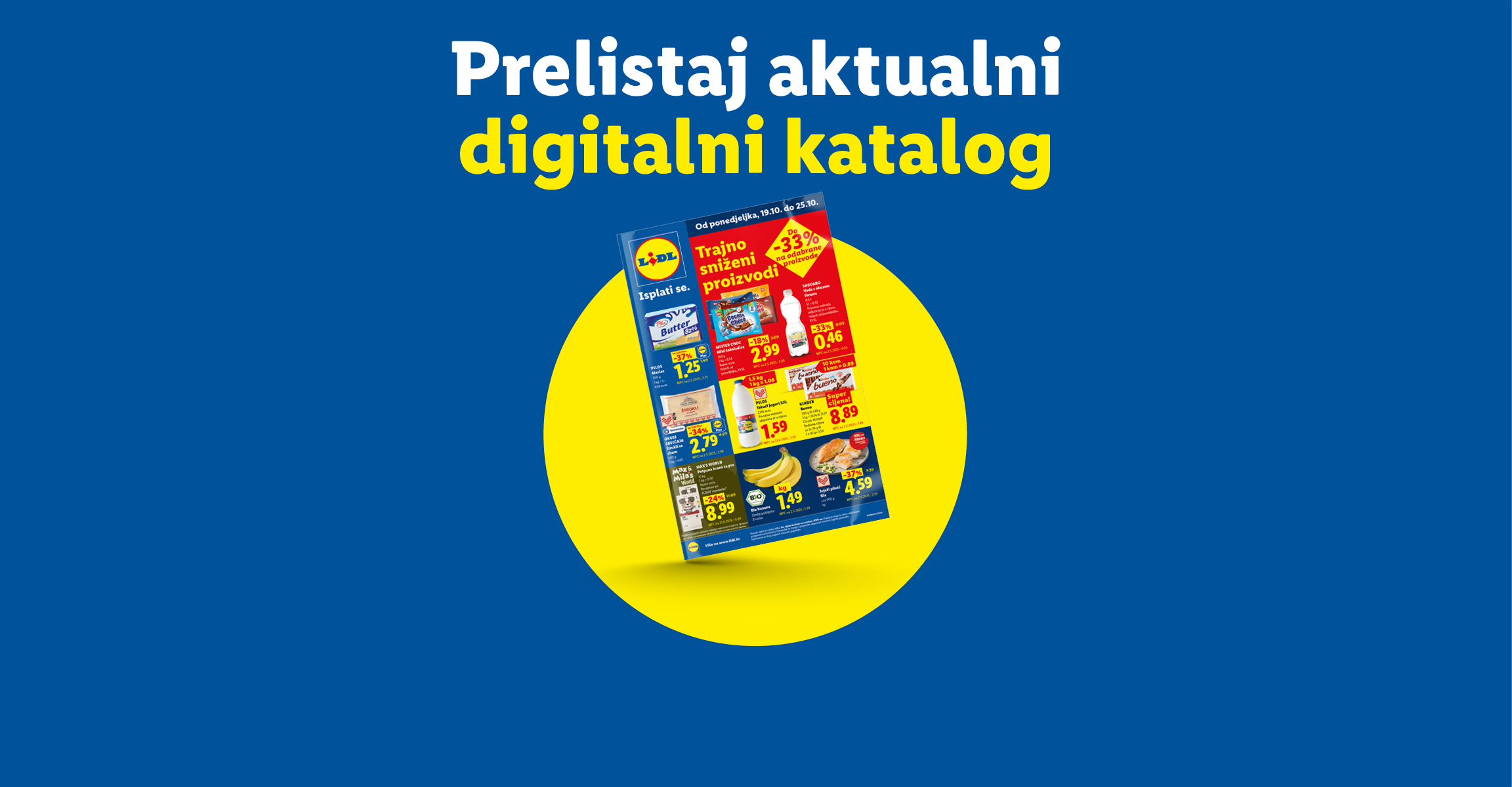 Plavi banner s pozivom na pregled digitalnog kataloga i prikazom akcijskih prehrambenih proizvoda.