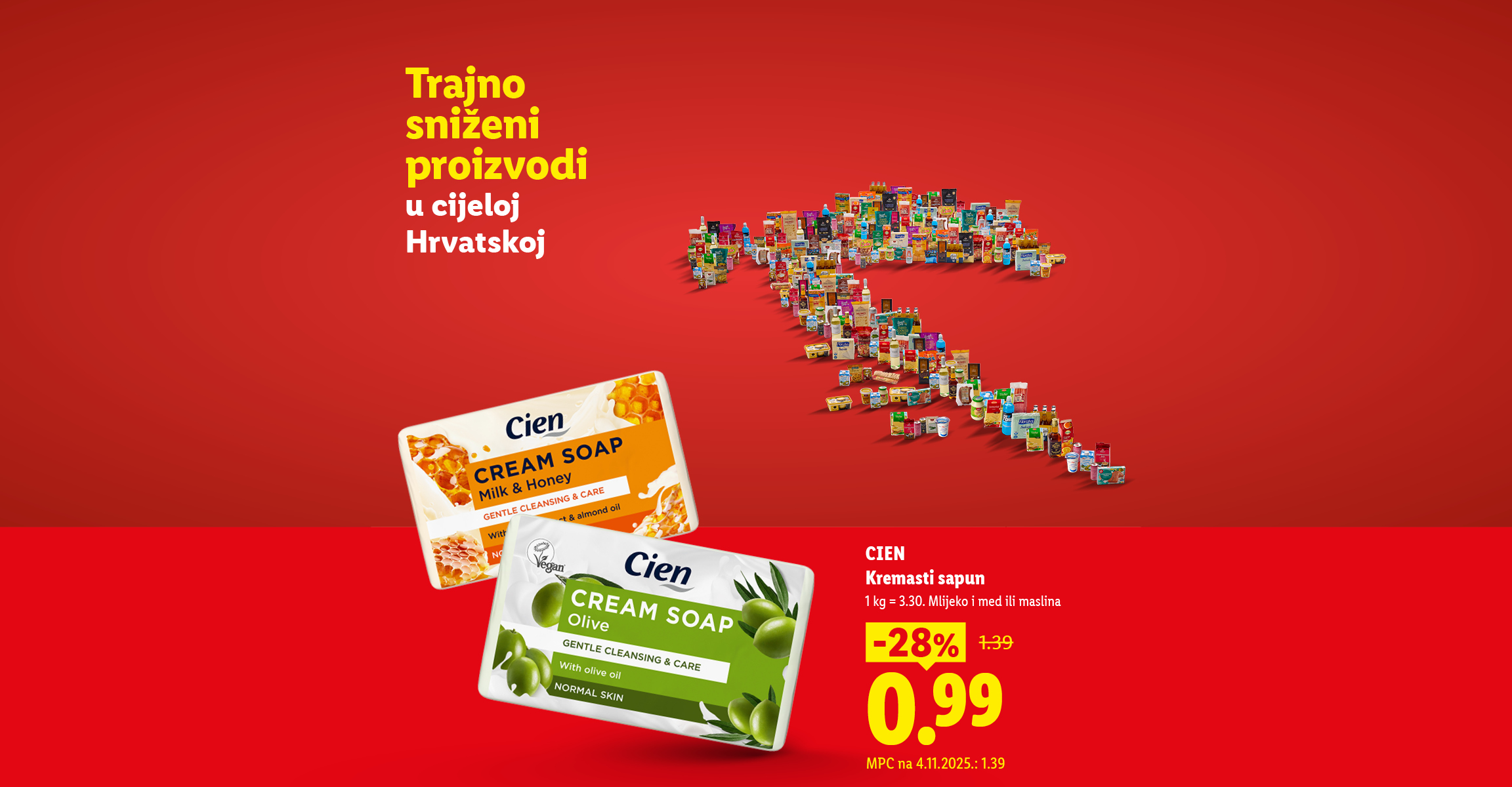 Kremasti sapun s mlijekom i medom ili maslinom na sniženju u sklopu trajno sniženih proizvoda.