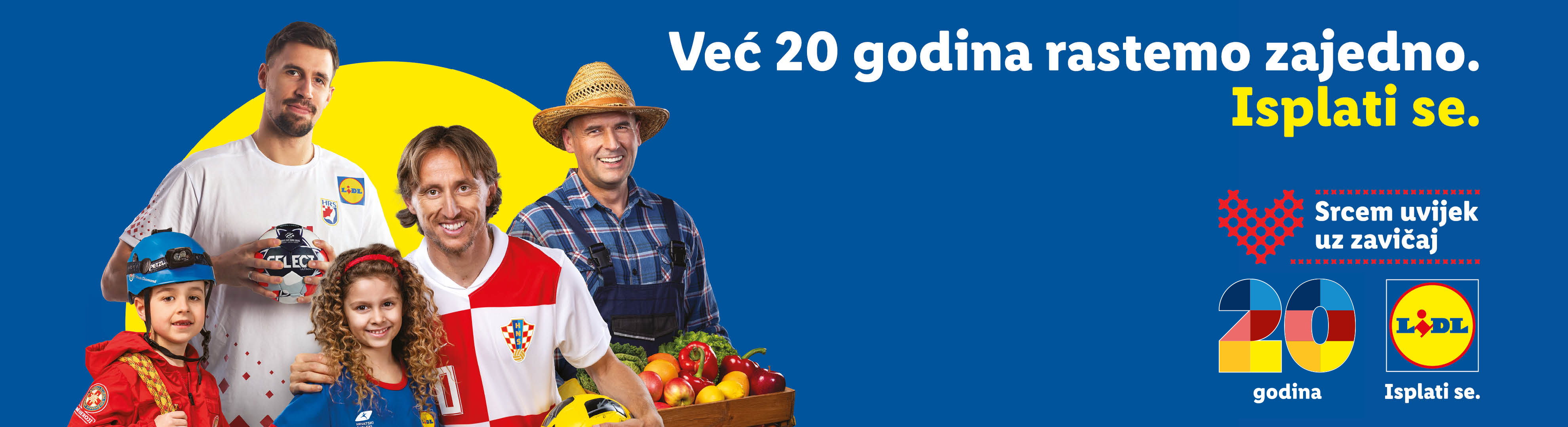 Lidl slavi 20 godina rasta s kupcima, prikazujući sportaše, djecu i poljoprivrednika s voćem i povrćem.