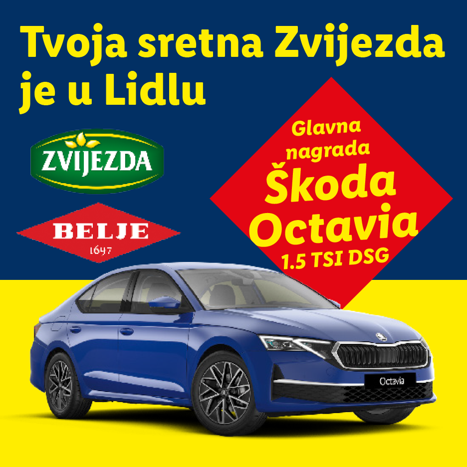 Plavi automobil Škoda Octavia, s natpisom 'Tvoja sretna Zvijezda je u Lidlu' i 'Glavna nagrada Škoda Octavia'.