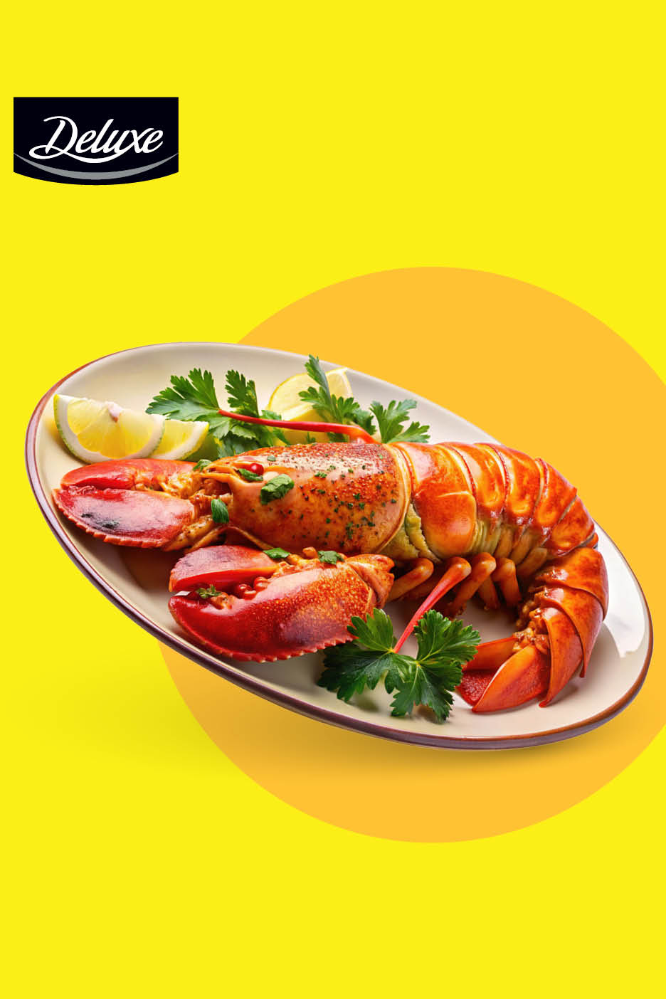 Kuhani jastog s limunom i peršinom na tanjuru, na žutoj pozadini.