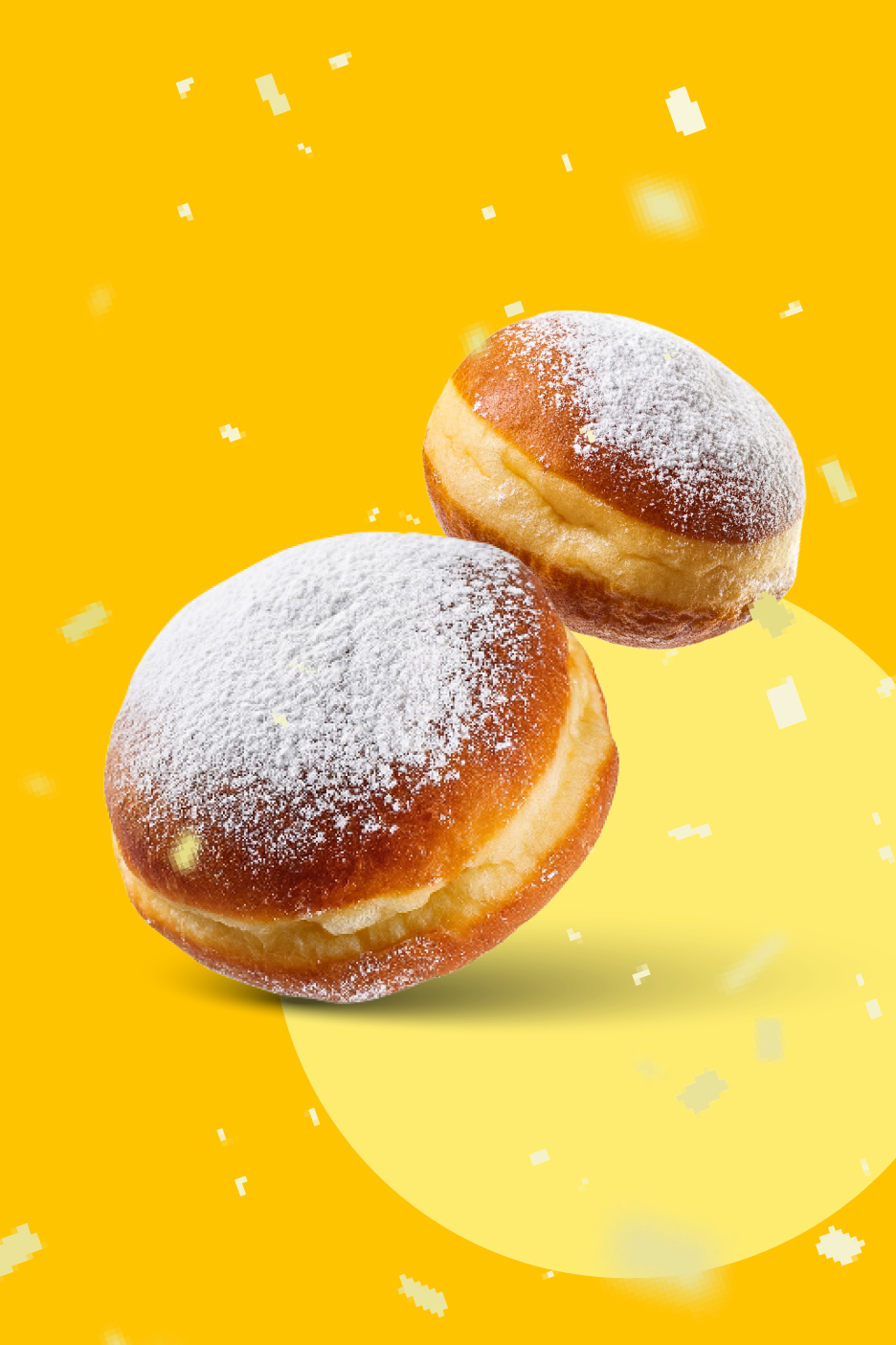 Dvije krafne posute šećerom u prahu na žutoj pozadini s konfetima.