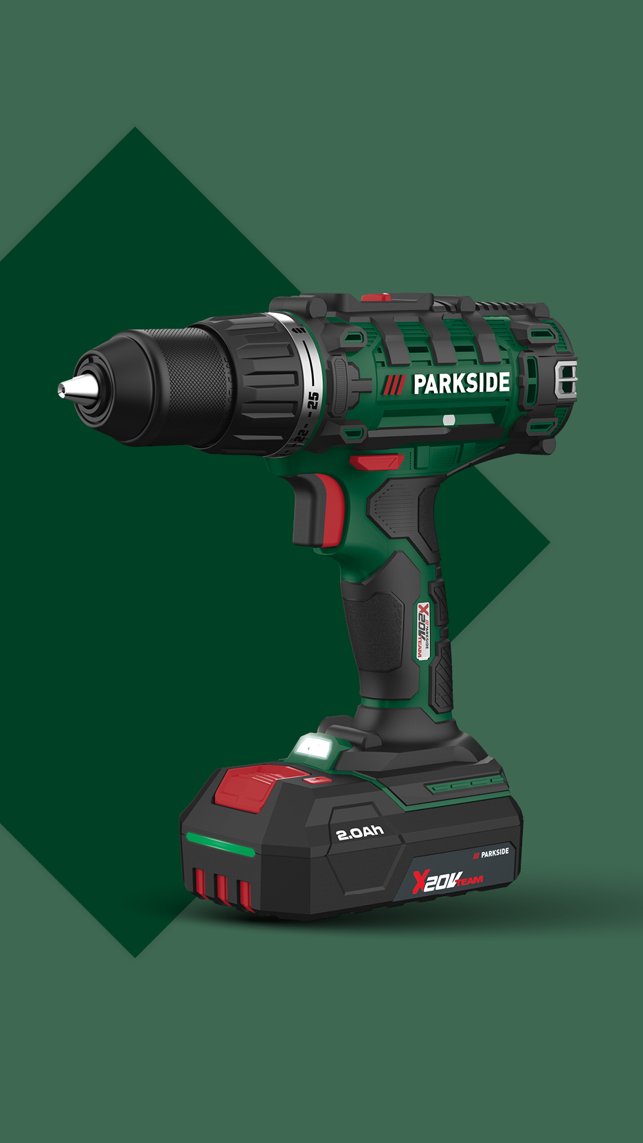 Akumulatorska bušilica-odvijač s baterijom od 2.0 Ah na tamnozelenoj pozadini.