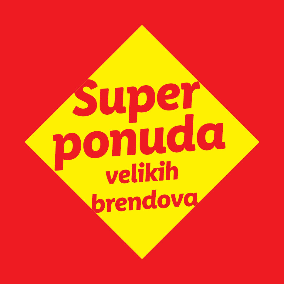 Žuti romb na crvenoj pozadini s tekstom 'Super ponuda velikih brendova'.