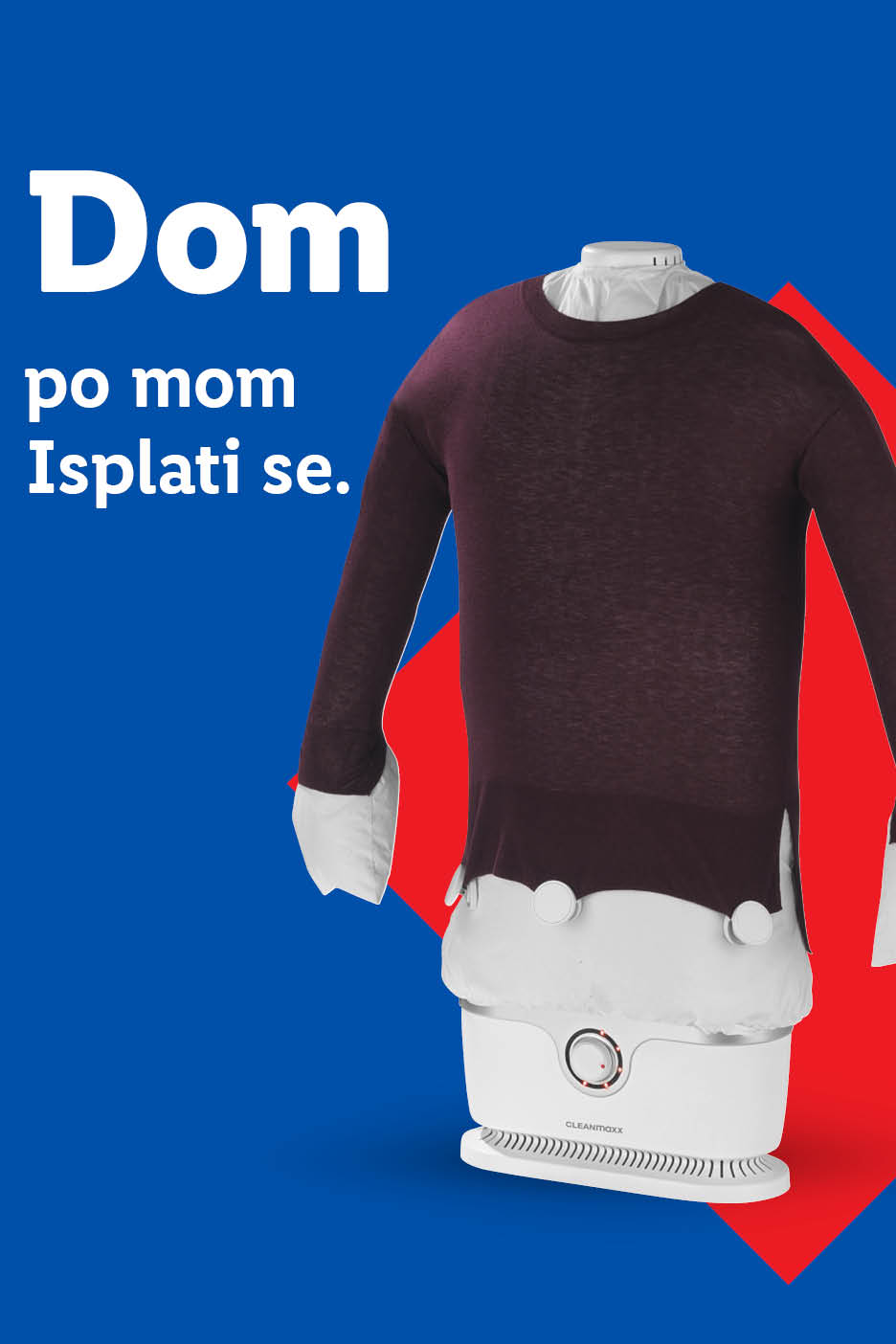 CLEANMAXX sušilo za rublje s majicom na plavo-crvenoj pozadini i tekstom.