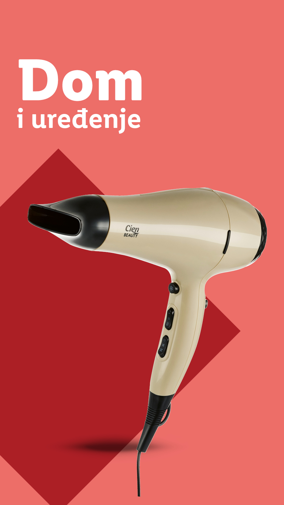 Sušilo za kosu Cien Beauty na crvenoj pozadini s tekstom 'Dom i uređenje'.