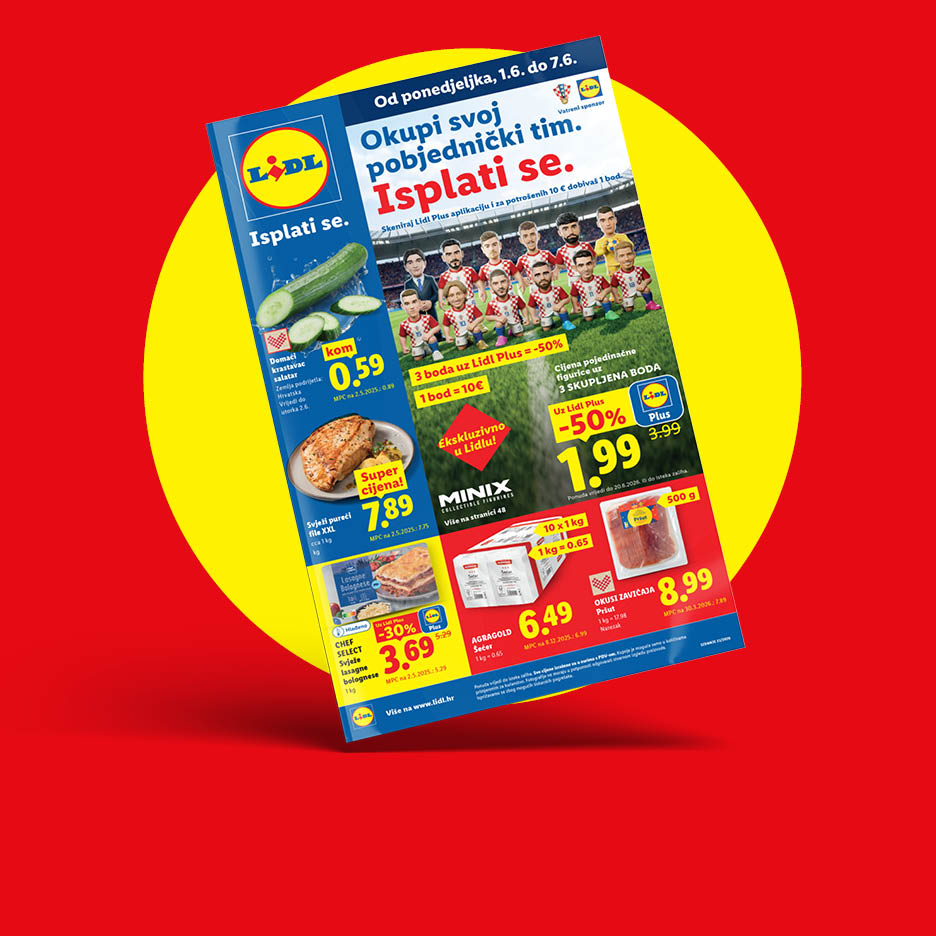Lidl letak s ponudama za svježe meso, povrće, šećer i gotova jela, s naglaskom na nogometnu tematiku i popuste.